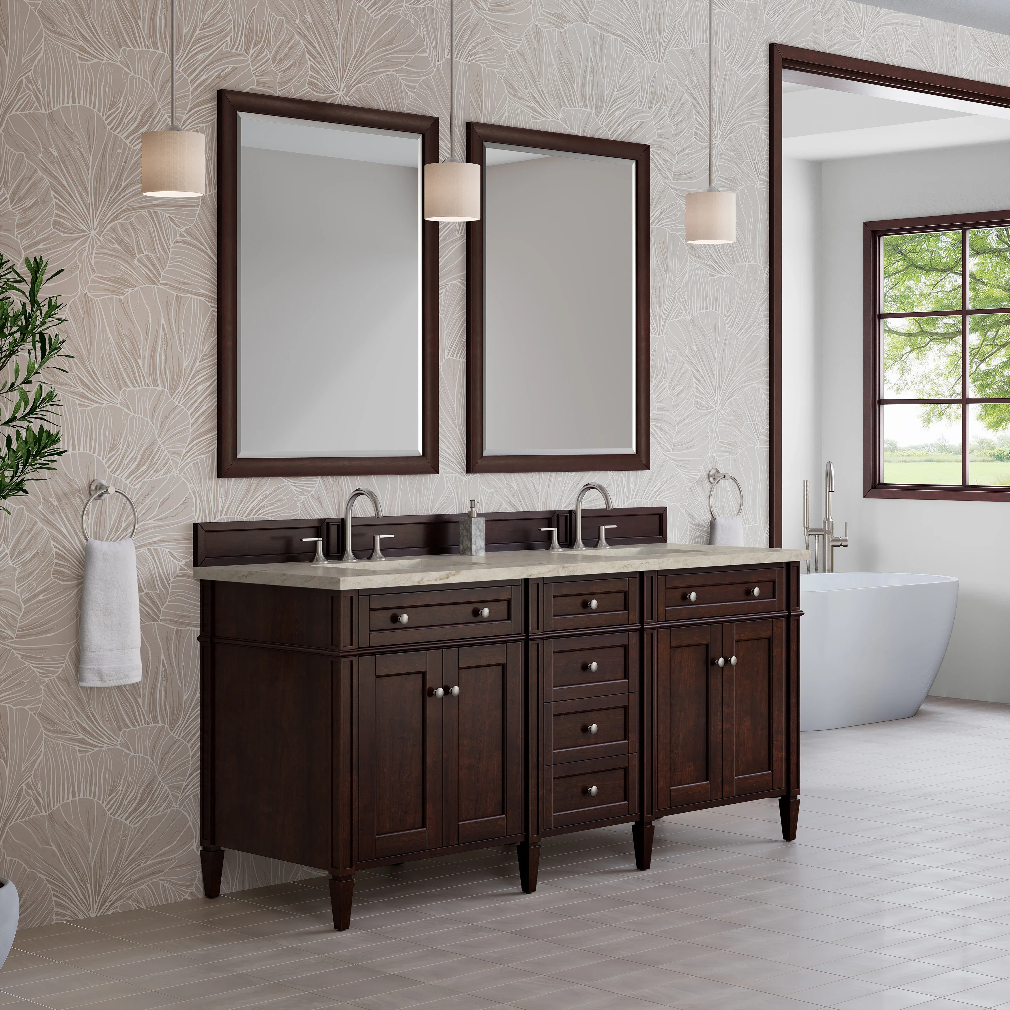 Brittany 72" Double Vanity, Burnished Mahogany, w/ 3 CM Tajnar Eclos Top