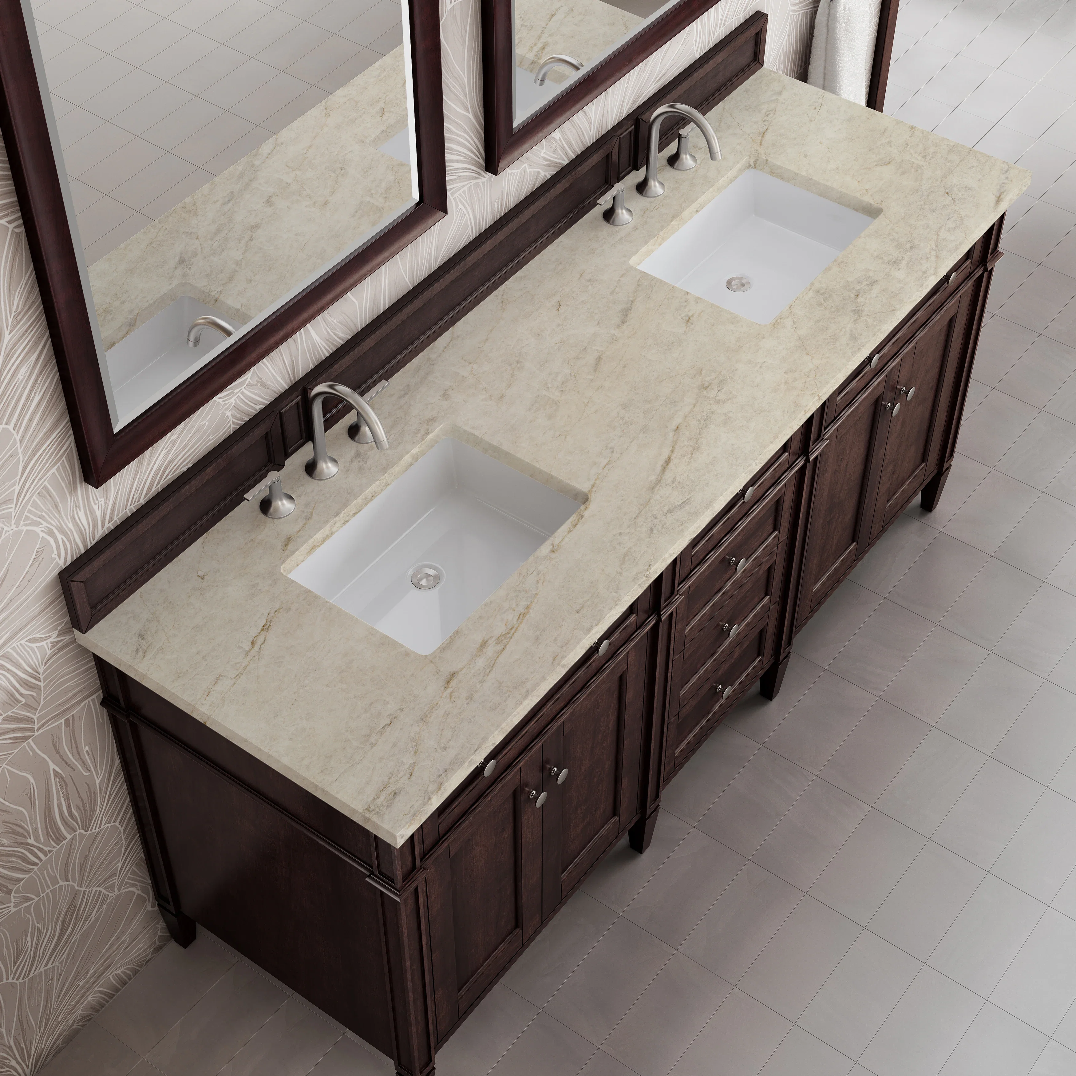 Brittany 72" Double Vanity, Burnished Mahogany, w/ 3 CM Tajnar Eclos Top