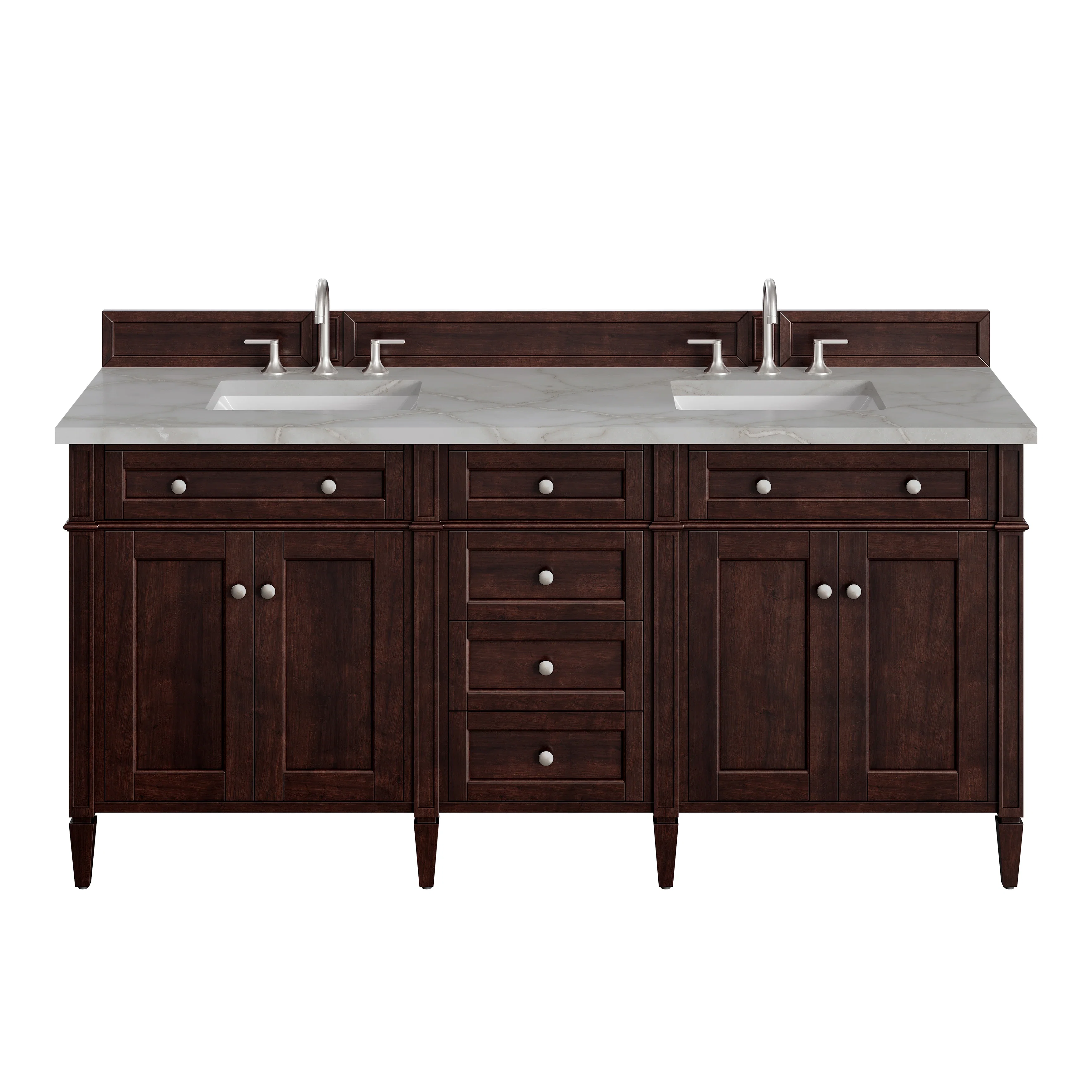Brittany 72" Double Vanity, Burnished Mahogany w/ 3 CM Victorian Silver Silestone Top