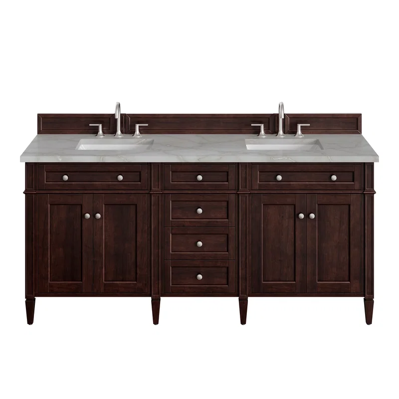 Brittany 72" Double Vanity, Burnished Mahogany w/ 3 CM Victorian Silver Silestone Top