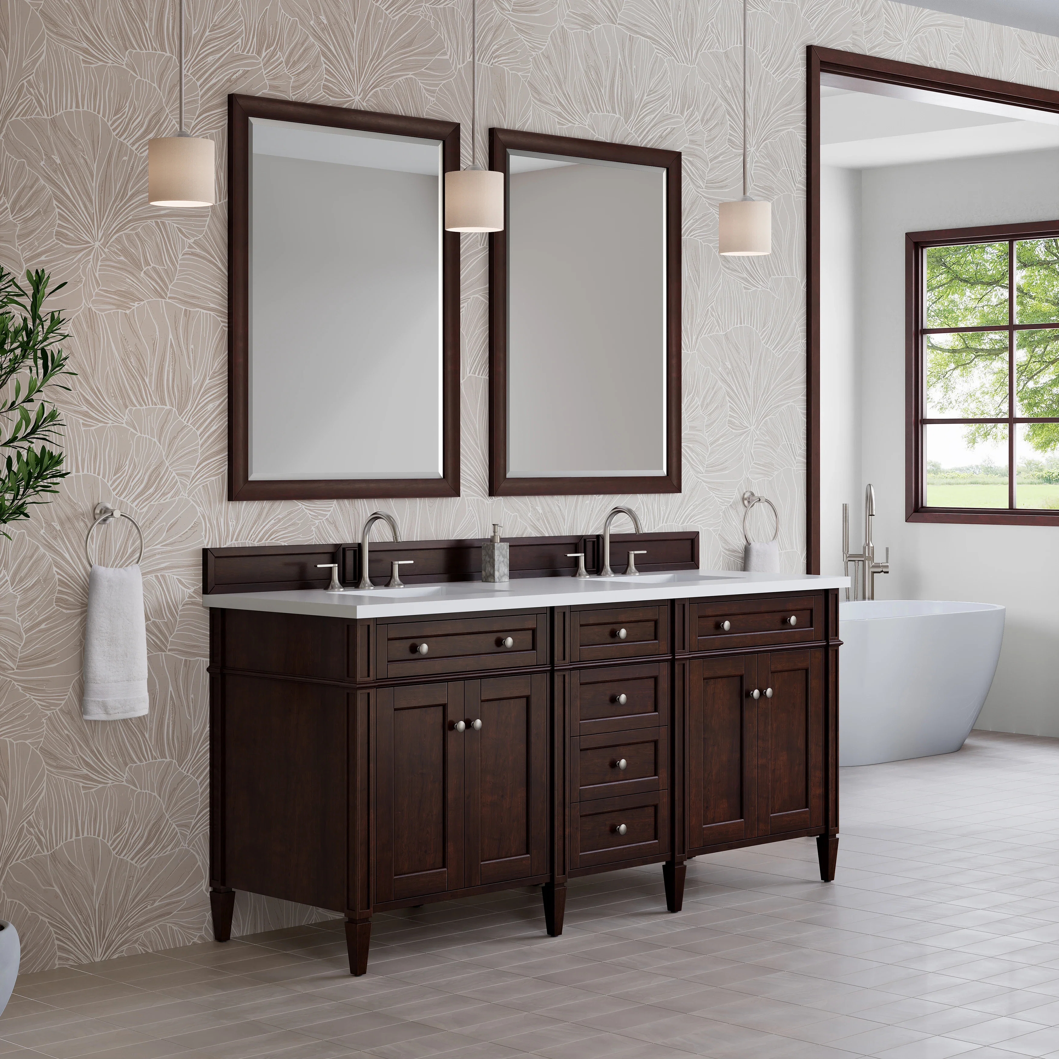 Brittany 72" Double Vanity, Burnished Mahogany w/ 3 CM White Zeus Silestone Top