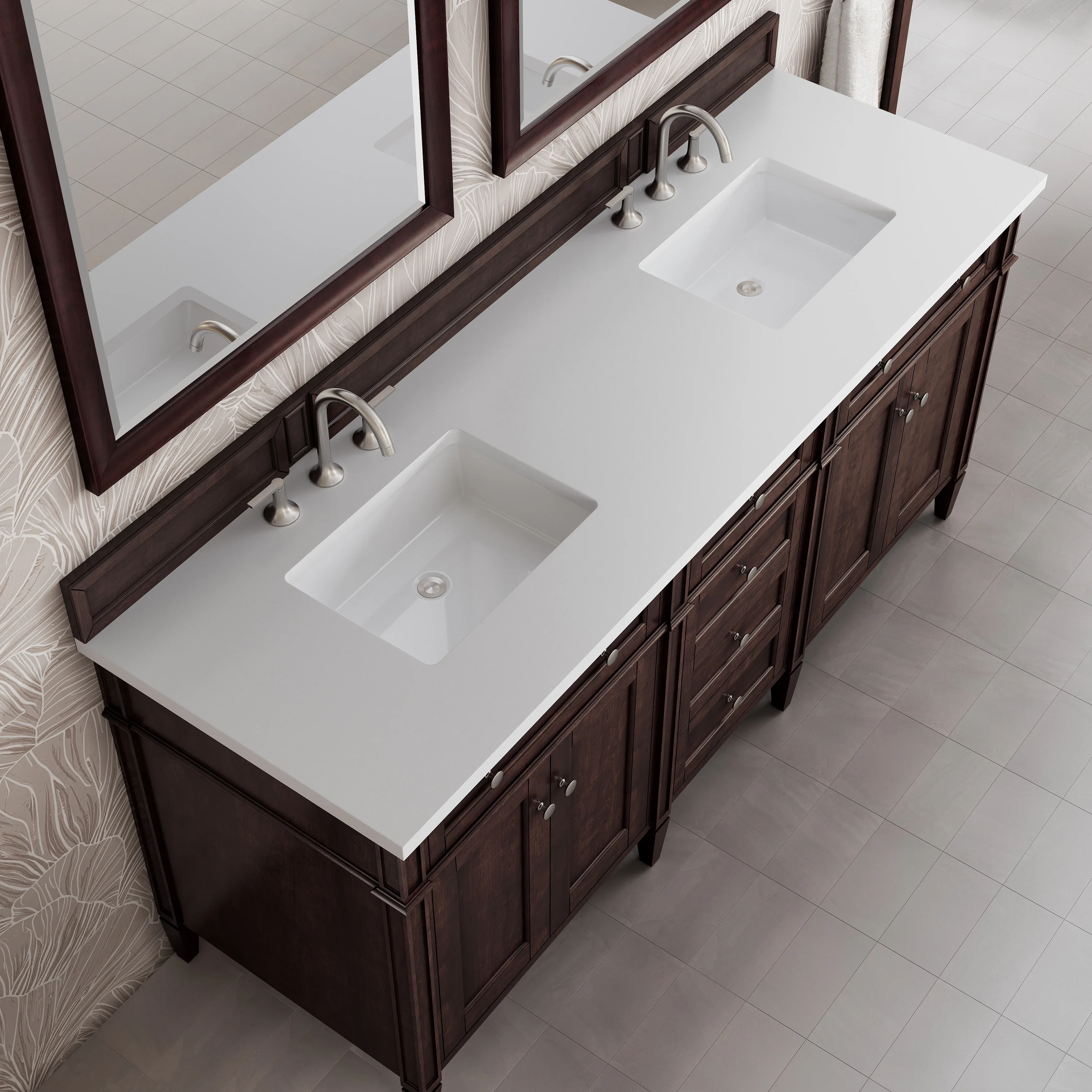 Brittany 72" Double Vanity, Burnished Mahogany w/ 3 CM White Zeus Silestone Top