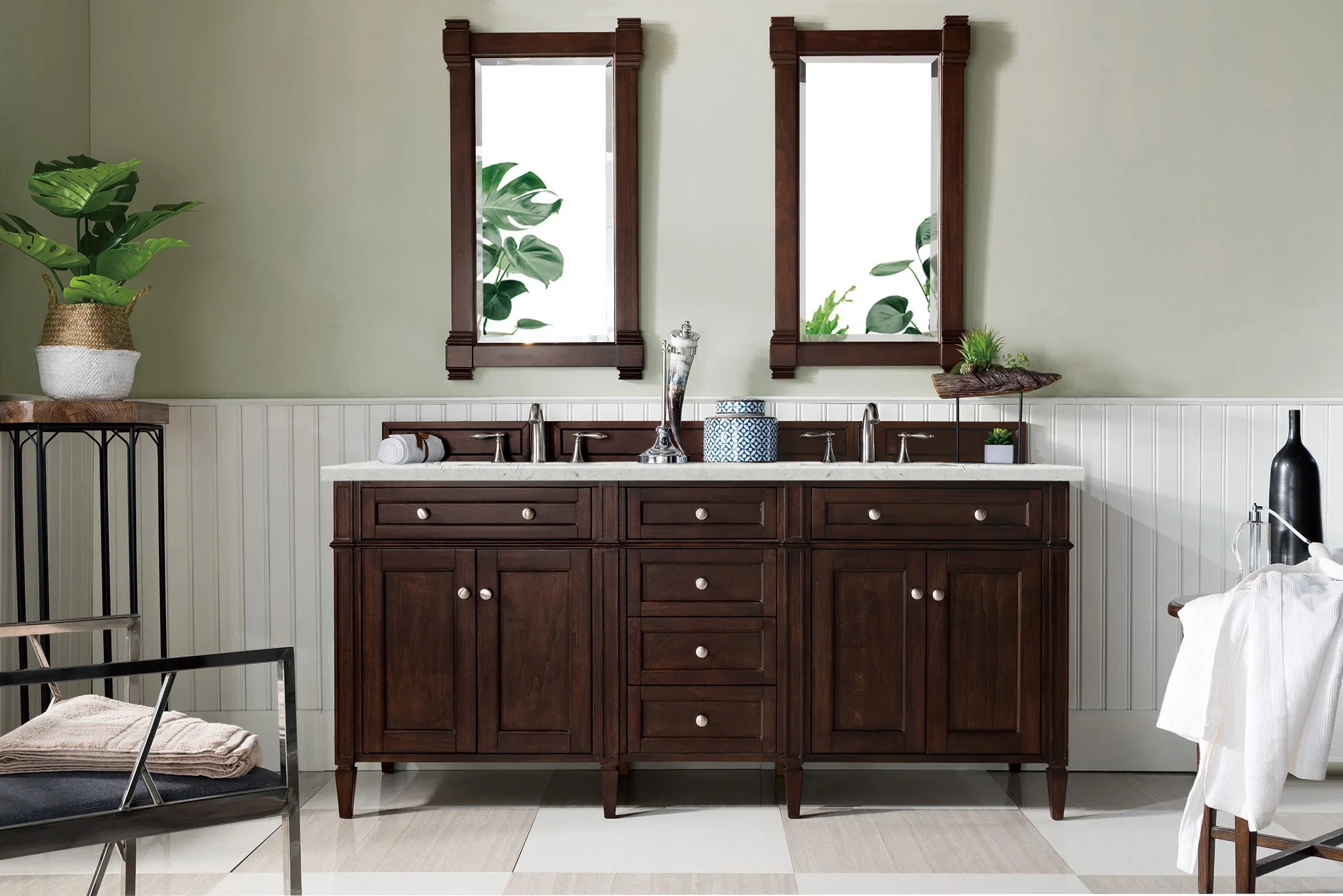 Brittany 72" Double Vanity, Burnished Mahogany w/ 3 CM Eternal Jasmine Pearl Silestone Top w/FreePower Wireless Charger