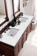 Brittany 72" Double Vanity, Burnished Mahogany w/ 3 CM Ethereal Noctis Silestone Top w/FreePower Wireless Charger