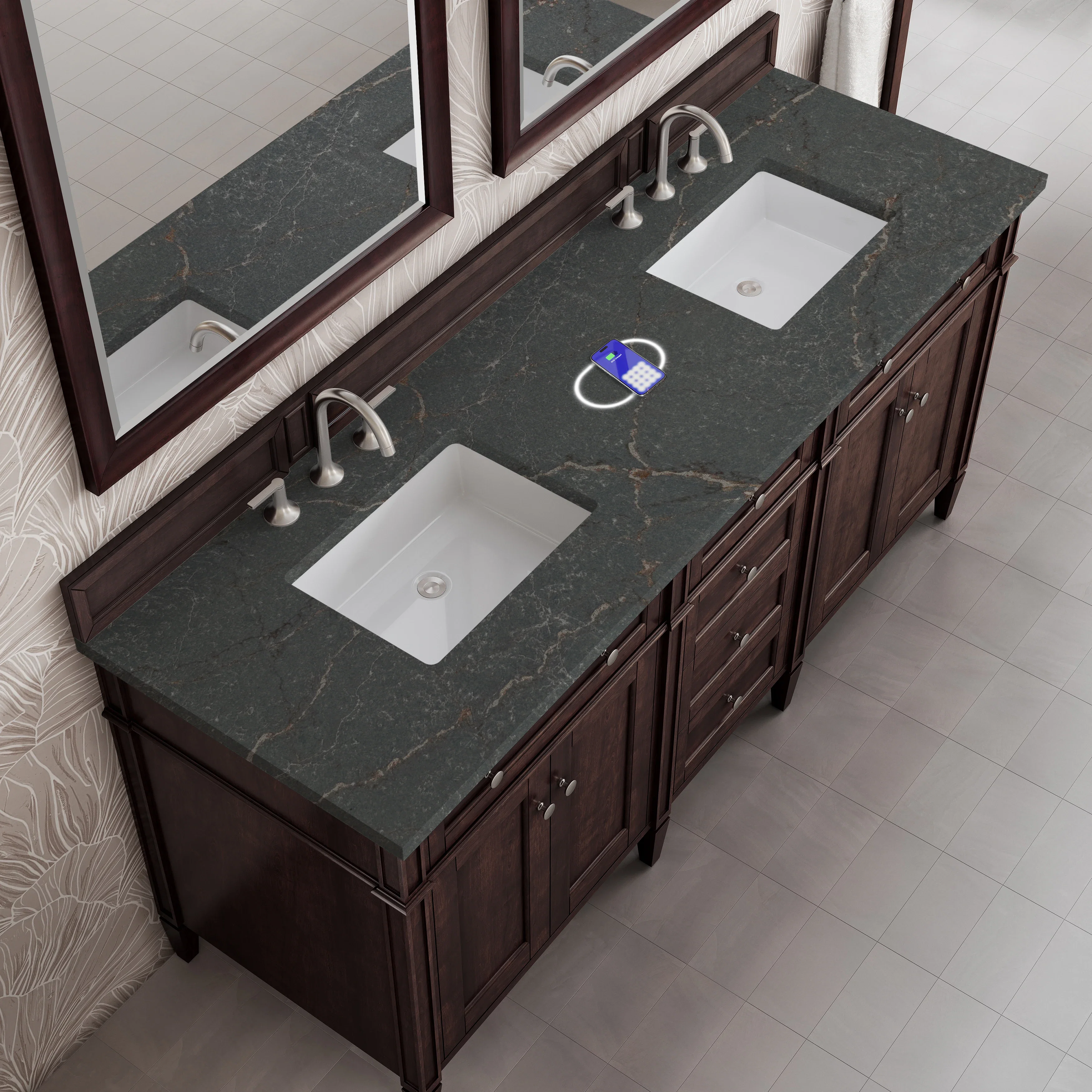 Brittany 72" Double Vanity, Burnished Mahogany w/ 3 CM Parisien Bleu Silestone Top w/FreePower Wireless Charger