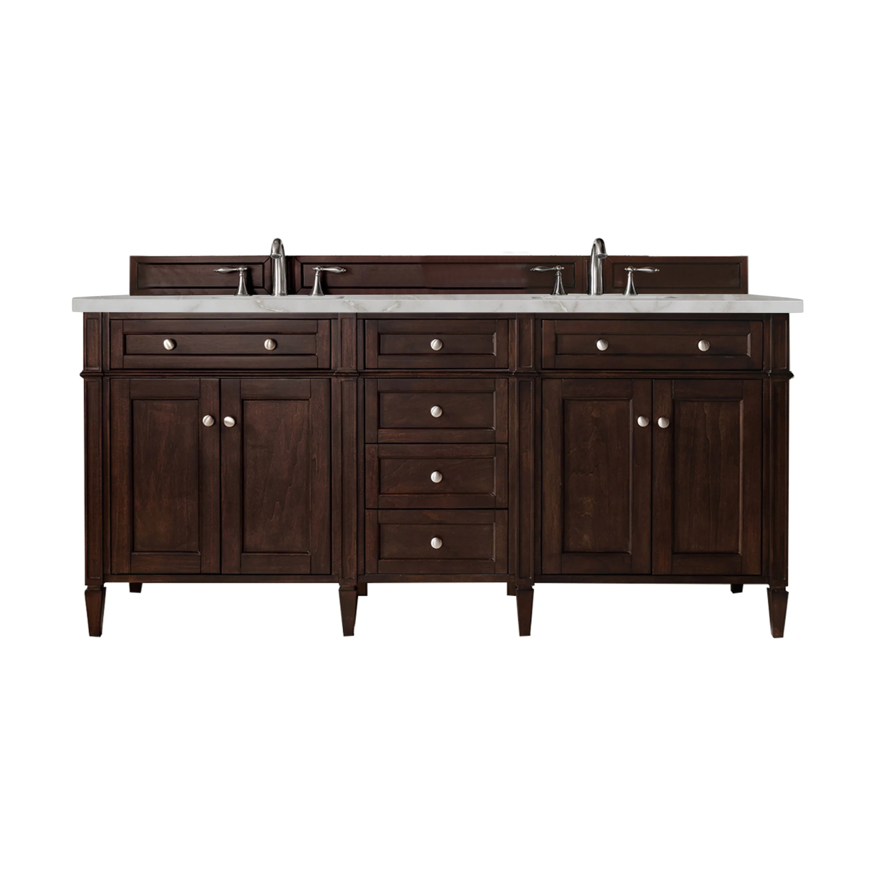 Brittany 72" Double Vanity, Burnished Mahogany w/ 3 CM Parisien Bleu Silestone Top w/FreePower Wireless Charger