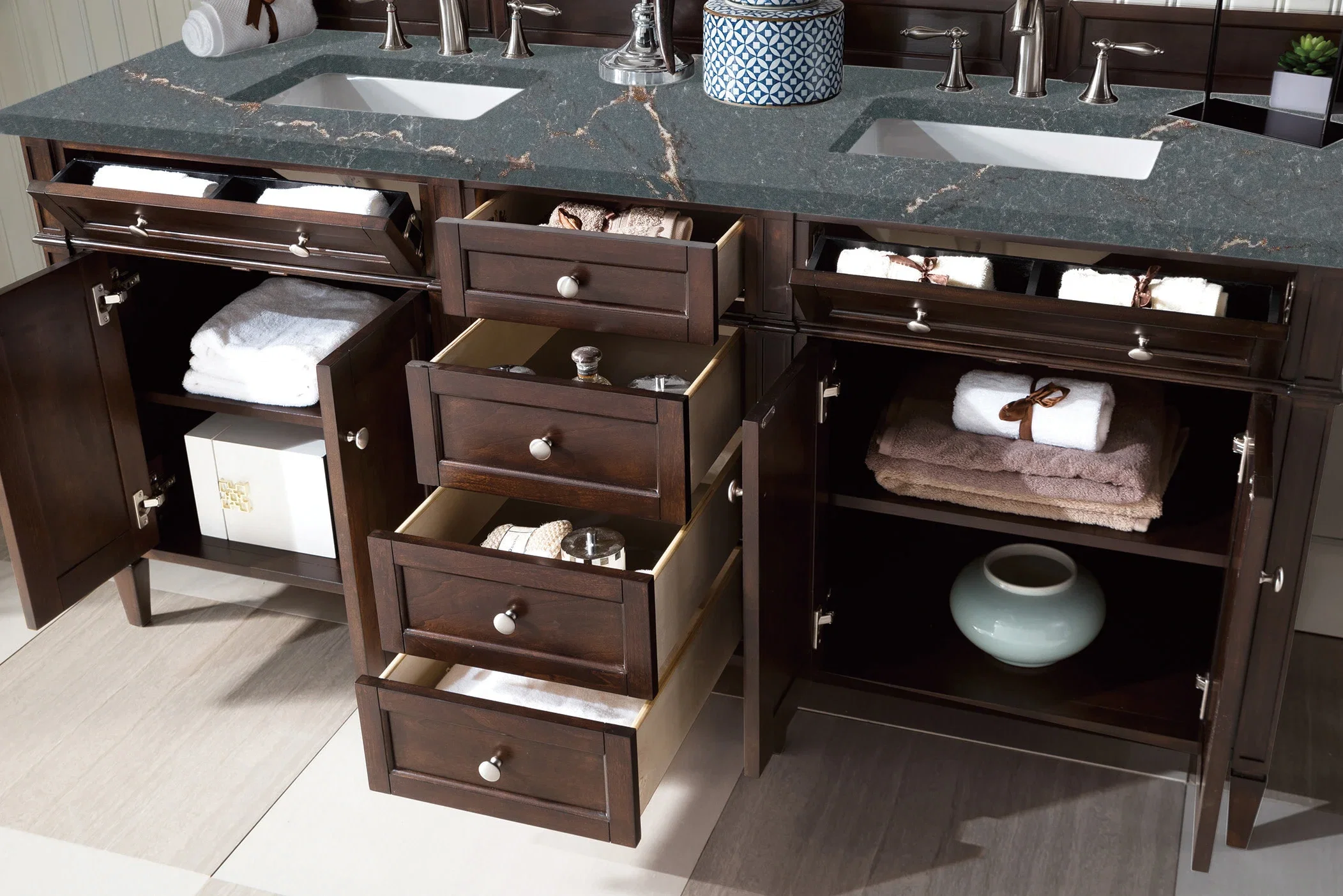 Brittany 72" Double Vanity, Burnished Mahogany w/ 3 CM Parisien Bleu Silestone Top w/FreePower Wireless Charger