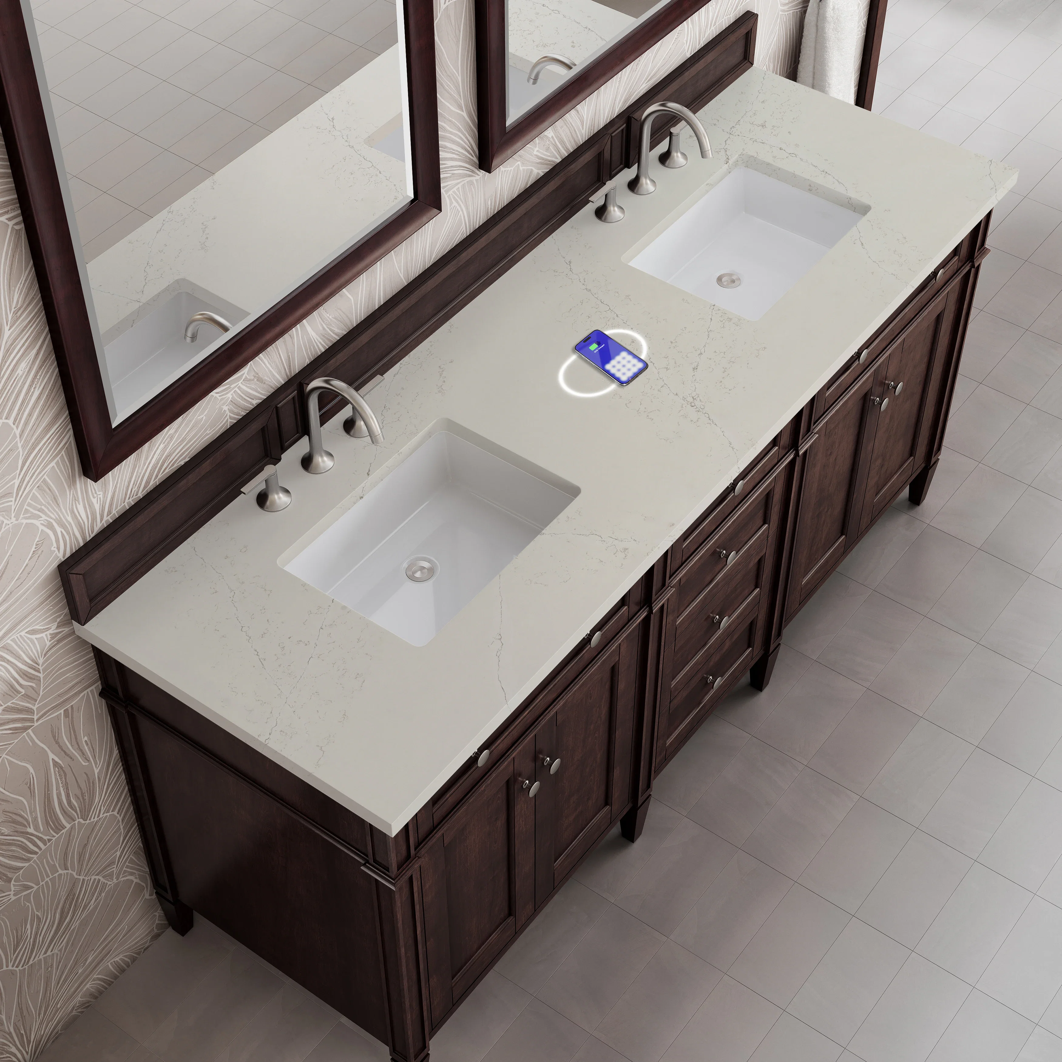 Brittany 72" Double Vanity, Burnished Mahogany, w/ 3 CM Siberian Silestone Top w/FreePower Wireless Charger