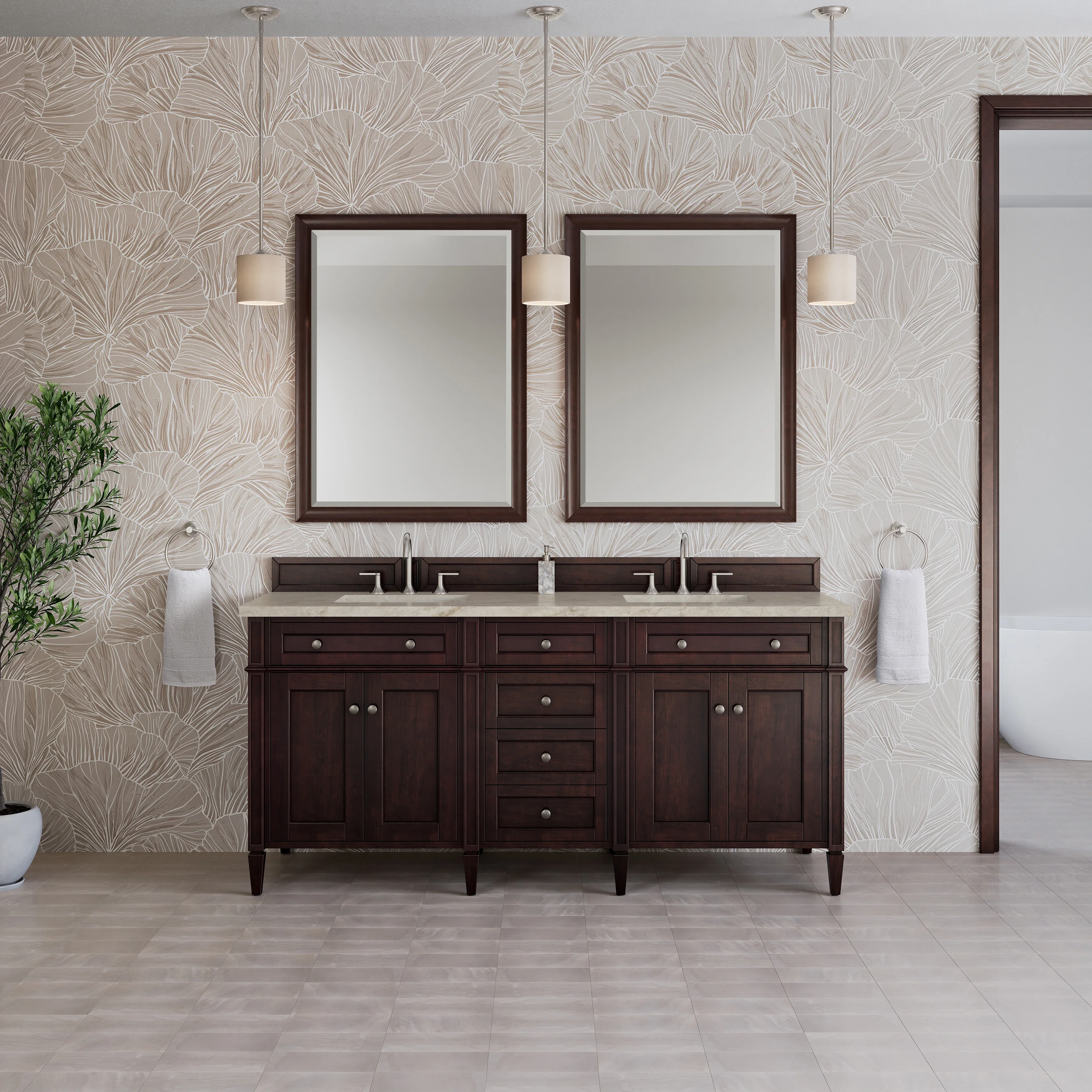 Brittany 72" Double Vanity, Burnished Mahogany, w/ 3 CM Tajnar Eclos Top w/FreePower Wireless Charger