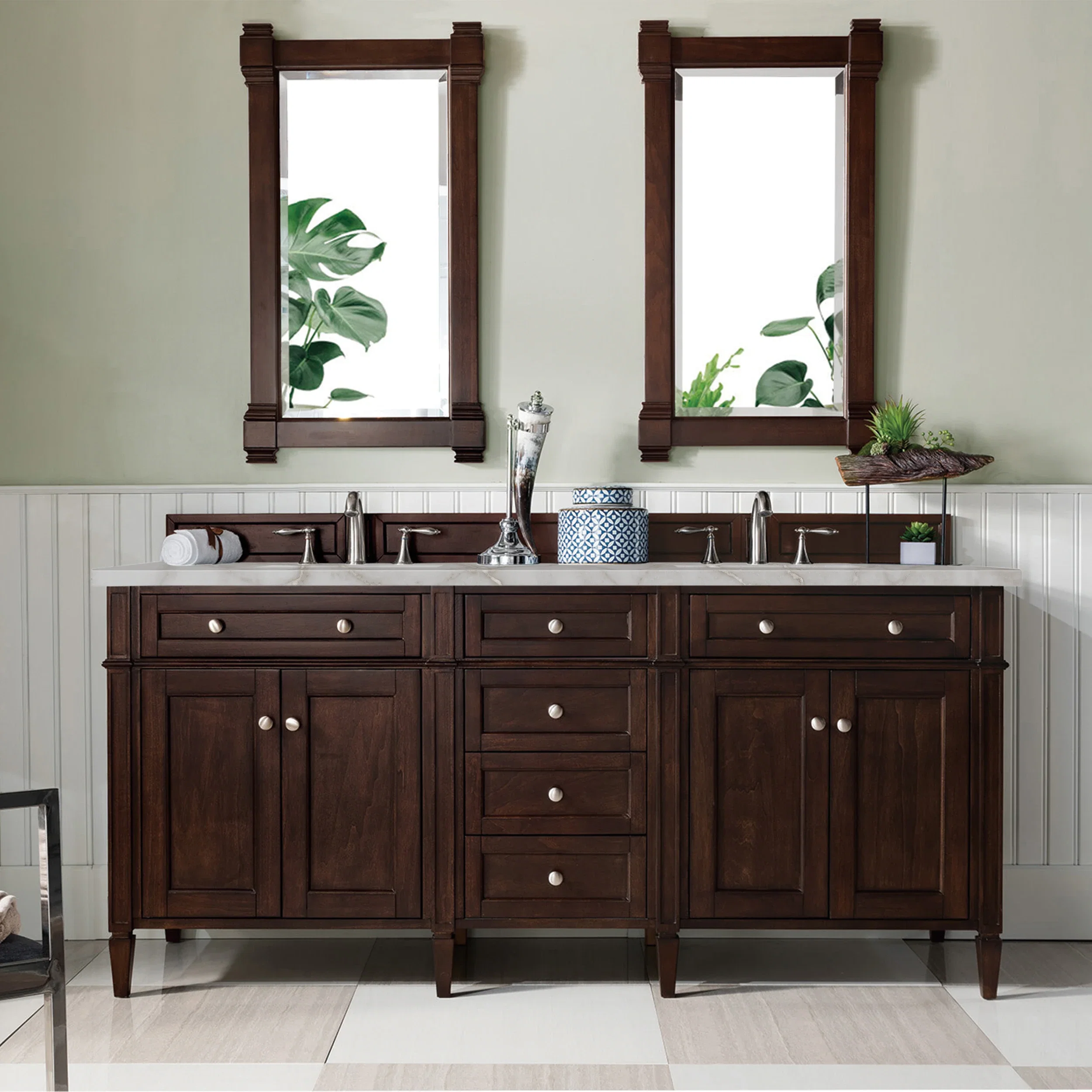 Brittany 72" Double Vanity, Burnished Mahogany w/ 3 CM Victorian Silver Silestone Top w/FreePower Wireless Charger