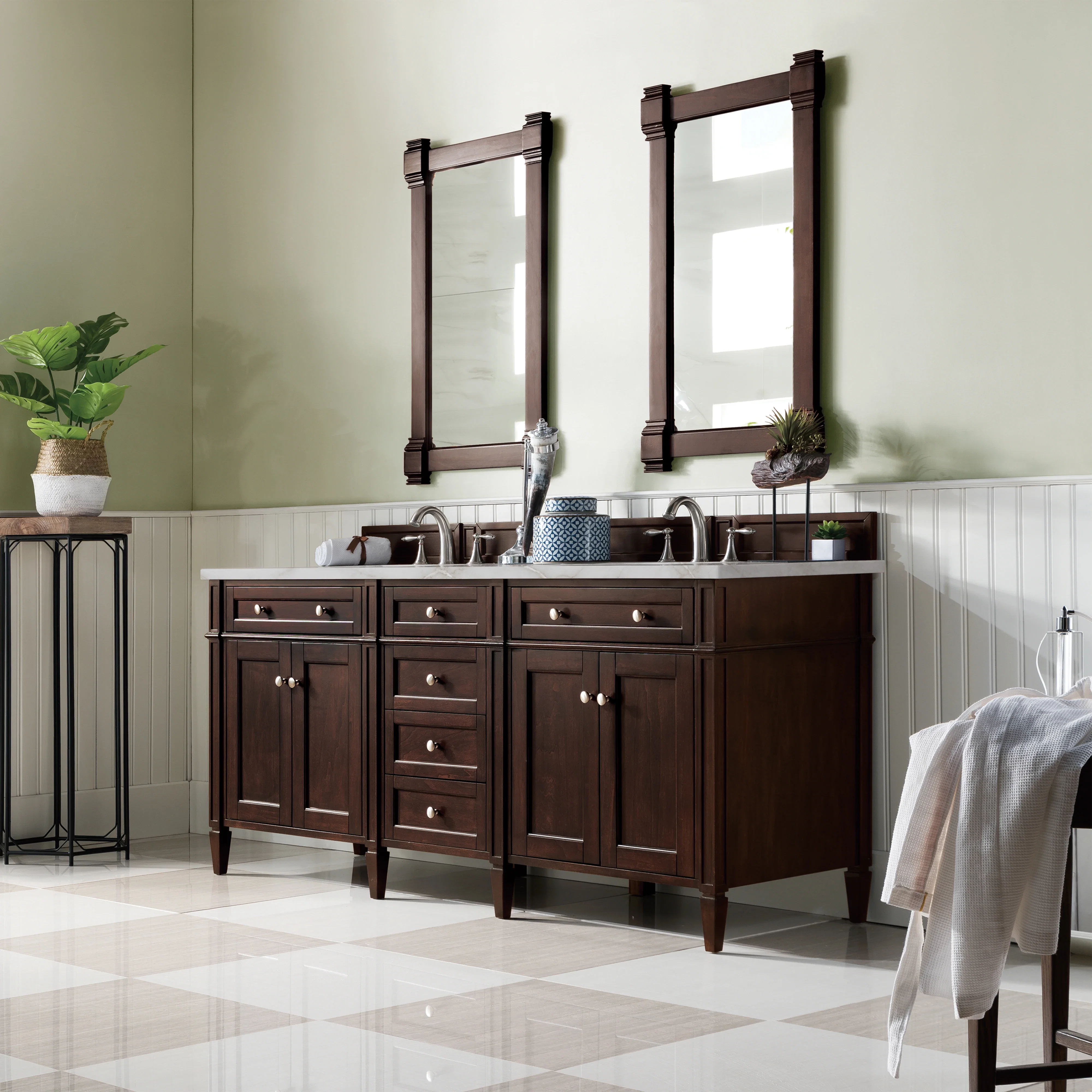 Brittany 72" Double Vanity, Burnished Mahogany w/ 3 CM Victorian Silver Silestone Top w/FreePower Wireless Charger