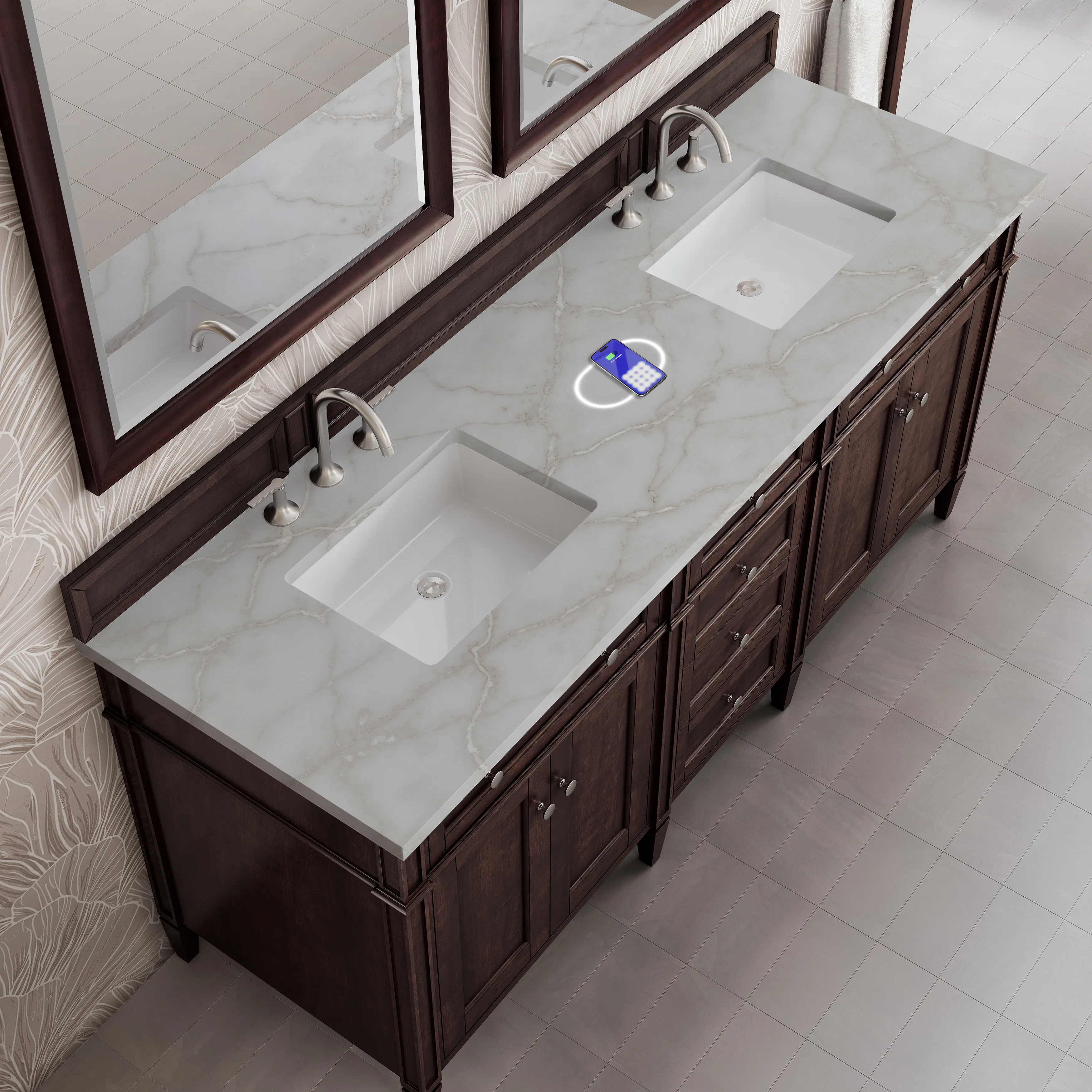 Brittany 72" Double Vanity, Burnished Mahogany w/ 3 CM Victorian Silver Silestone Top w/FreePower Wireless Charger