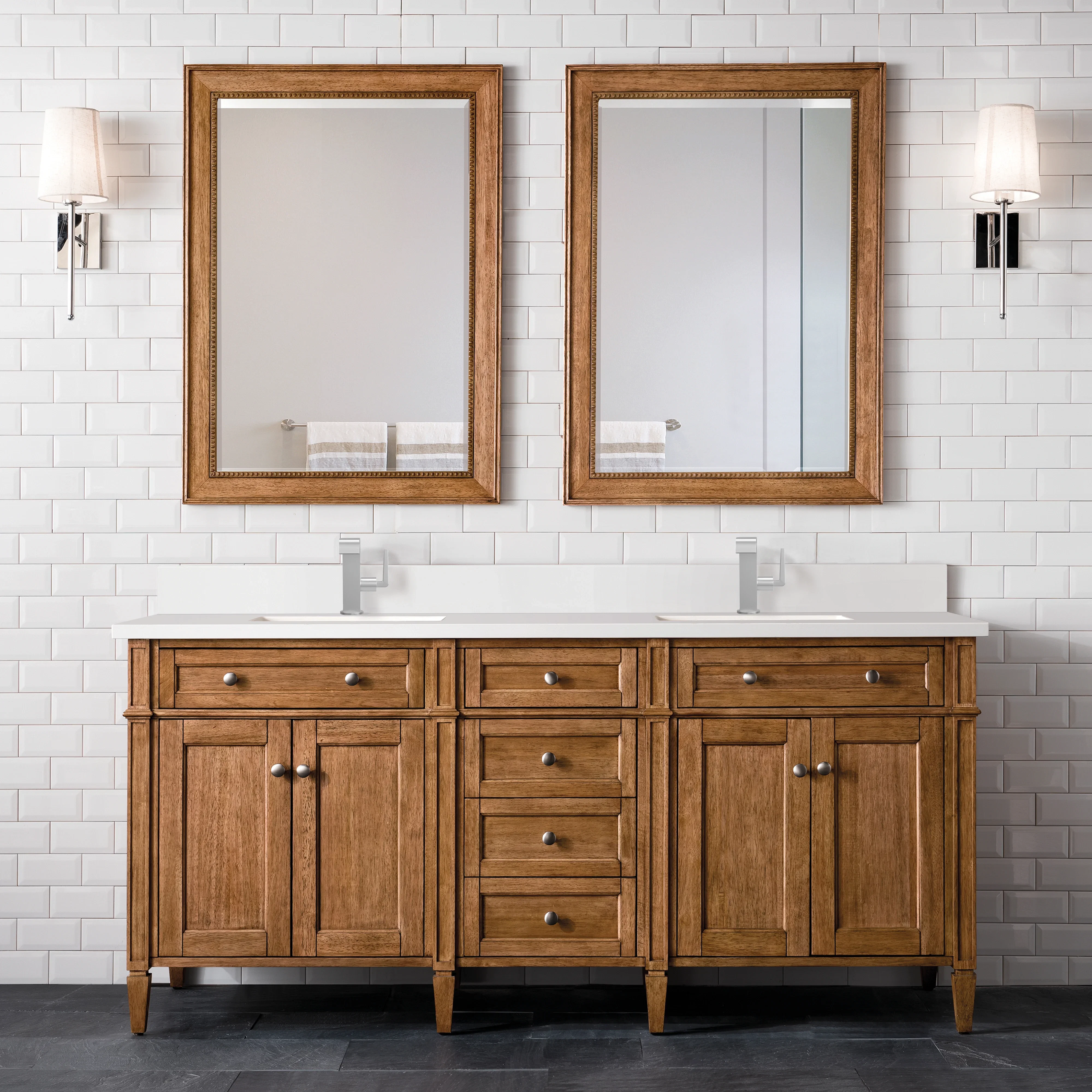 Brittany 72" Double Vanity, Saddle Brown w/ Single Hole 3 CM White Zeus Silestone Top & Backsplash
