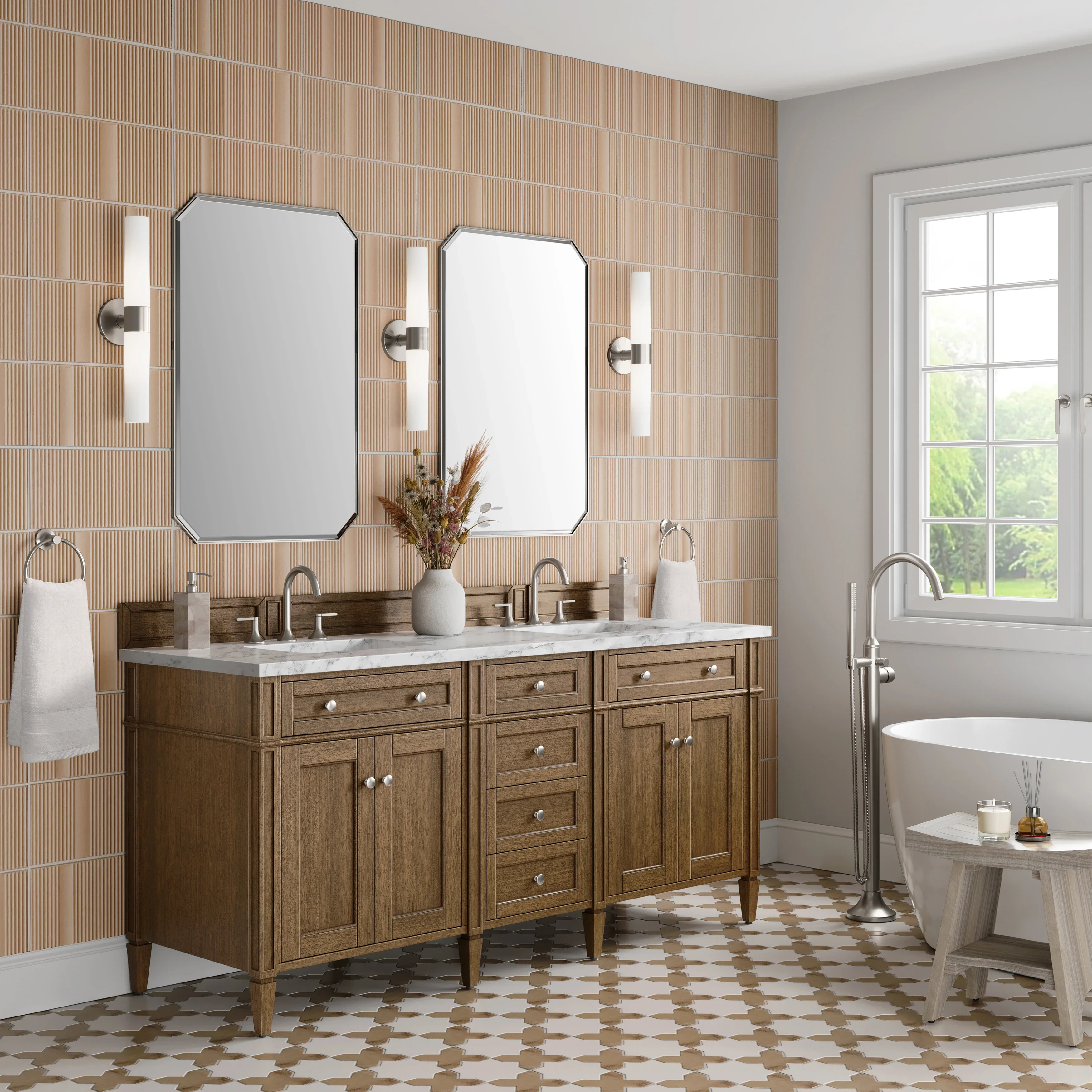 Brittany 72" Double Vanity, Saddle Brown w/ 3 CM Carrara Marble Top