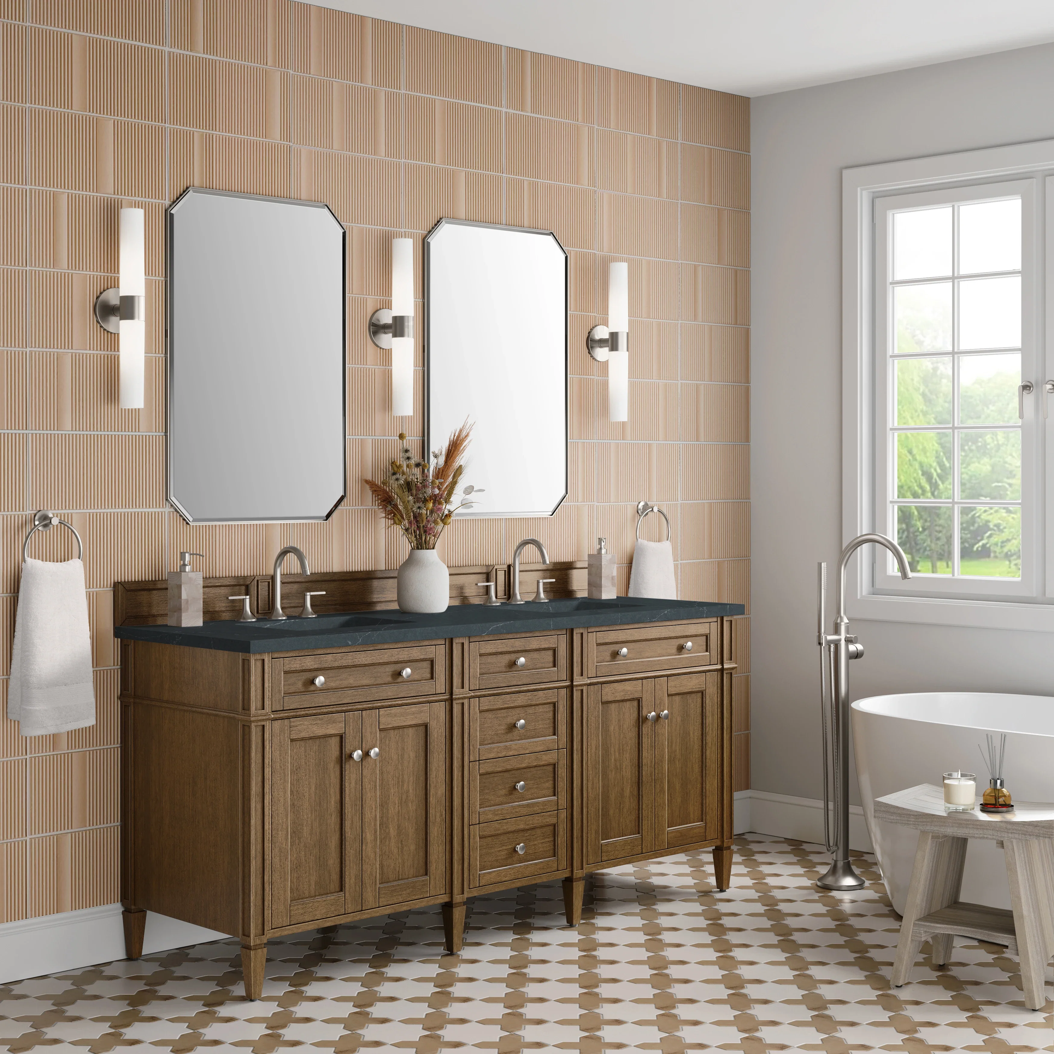 Brittany 72" Double Vanity, Saddle Brown w/ 3 CM Charcoal Soapstone Silestone Top