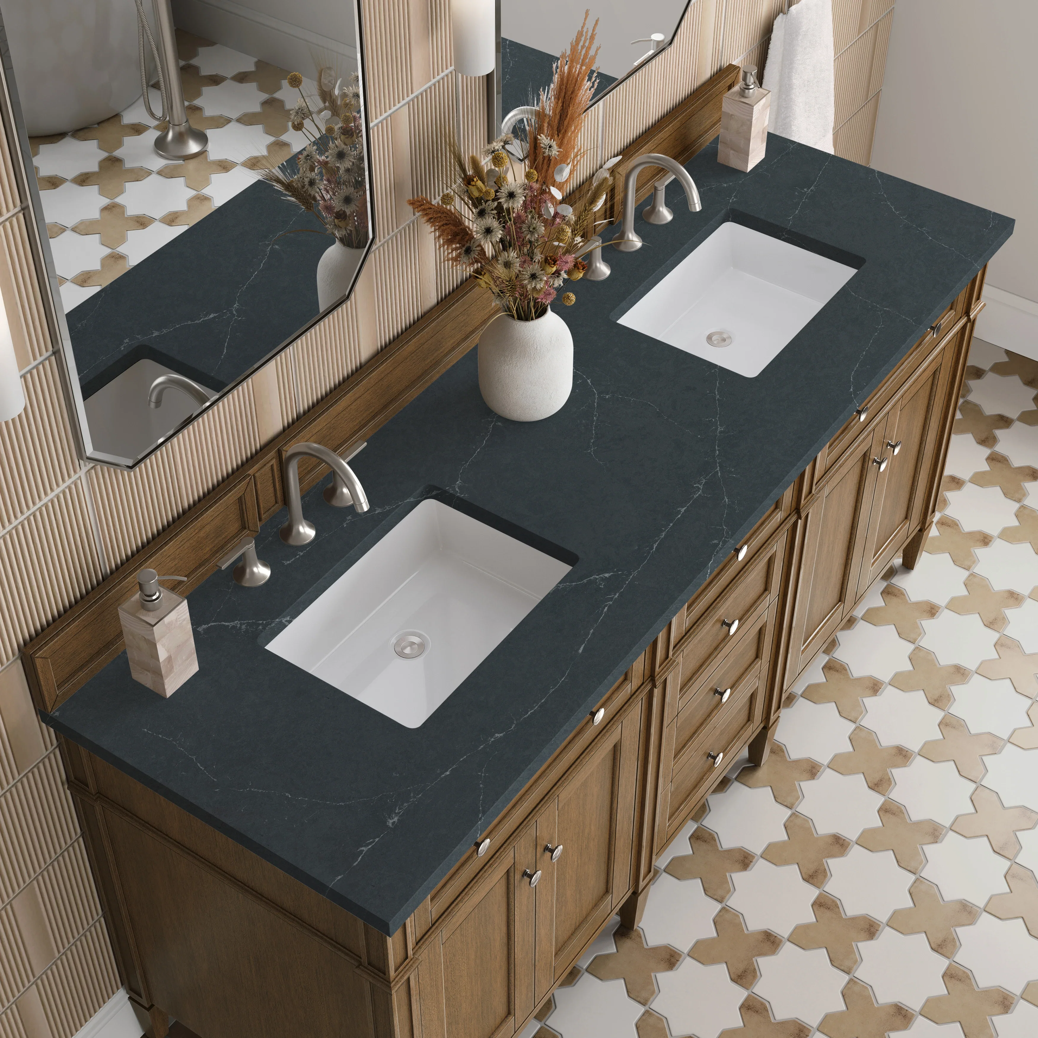 Brittany 72" Double Vanity, Saddle Brown w/ 3 CM Charcoal Soapstone Silestone Top