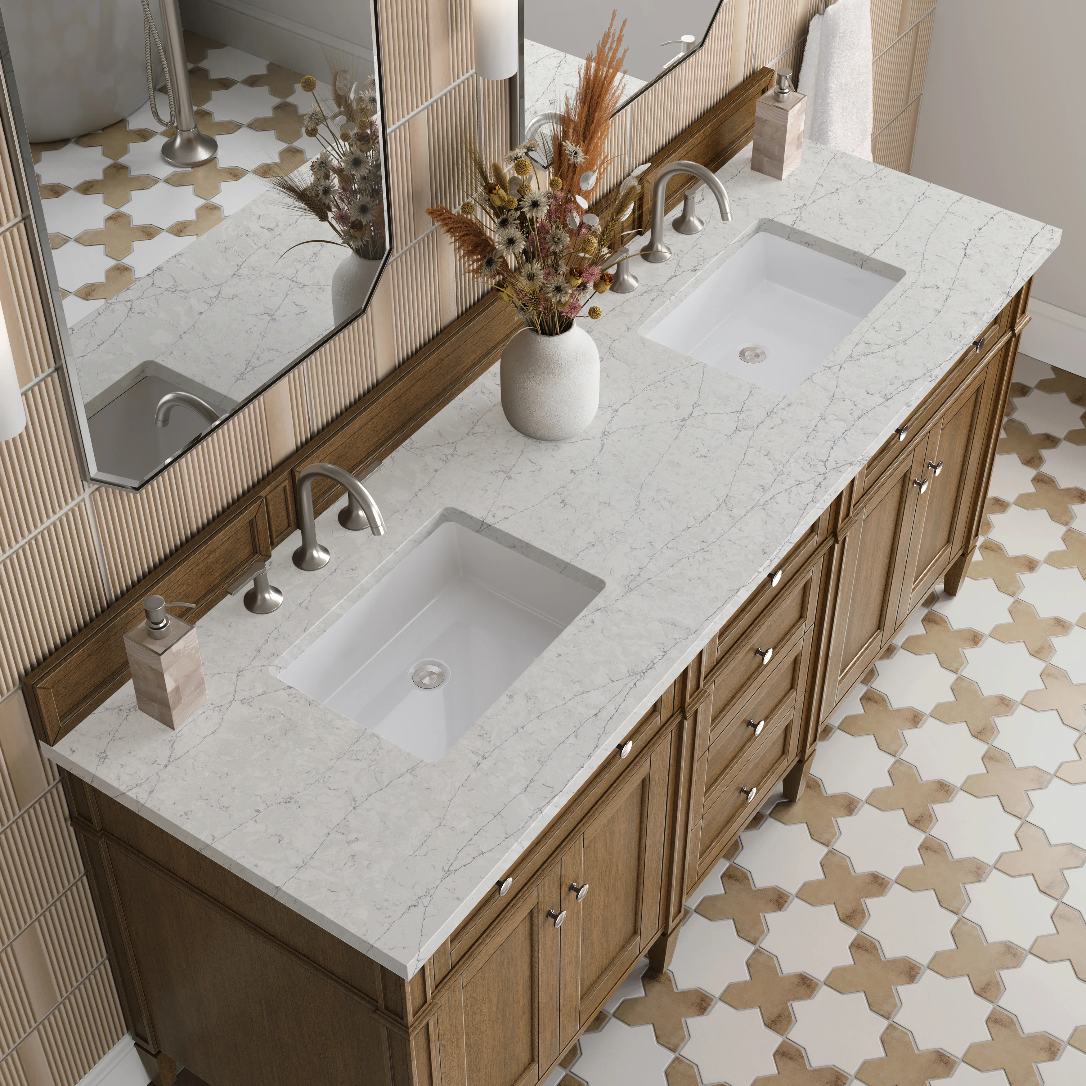 Brittany 72" Double Vanity, Saddle Brown w/ 3 CM Eternal Jasmine Pearl Silestone Top