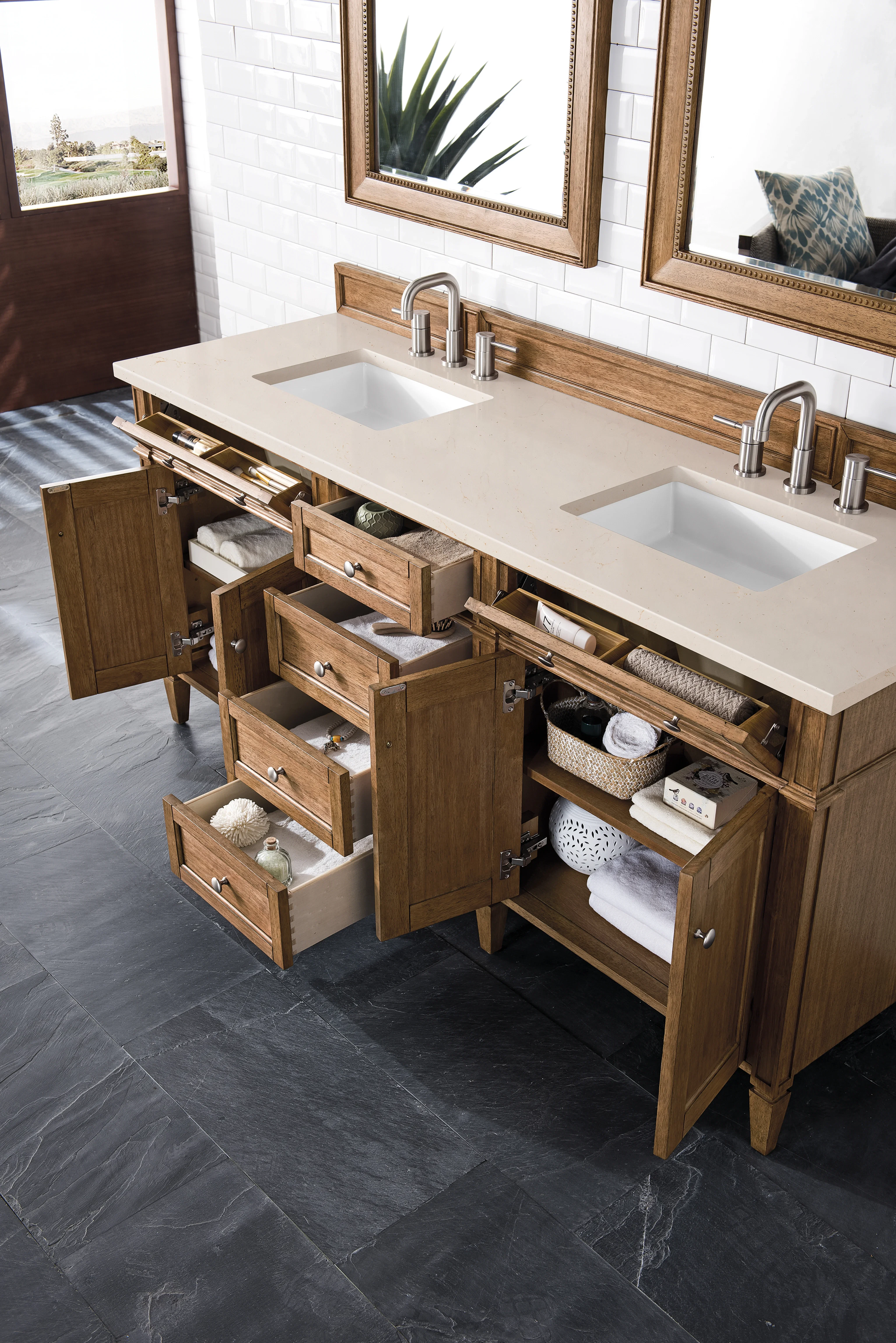 Brittany 72" Double Vanity, Saddle Brown w/ 3 CM Eternal Marfil Silestone Top
