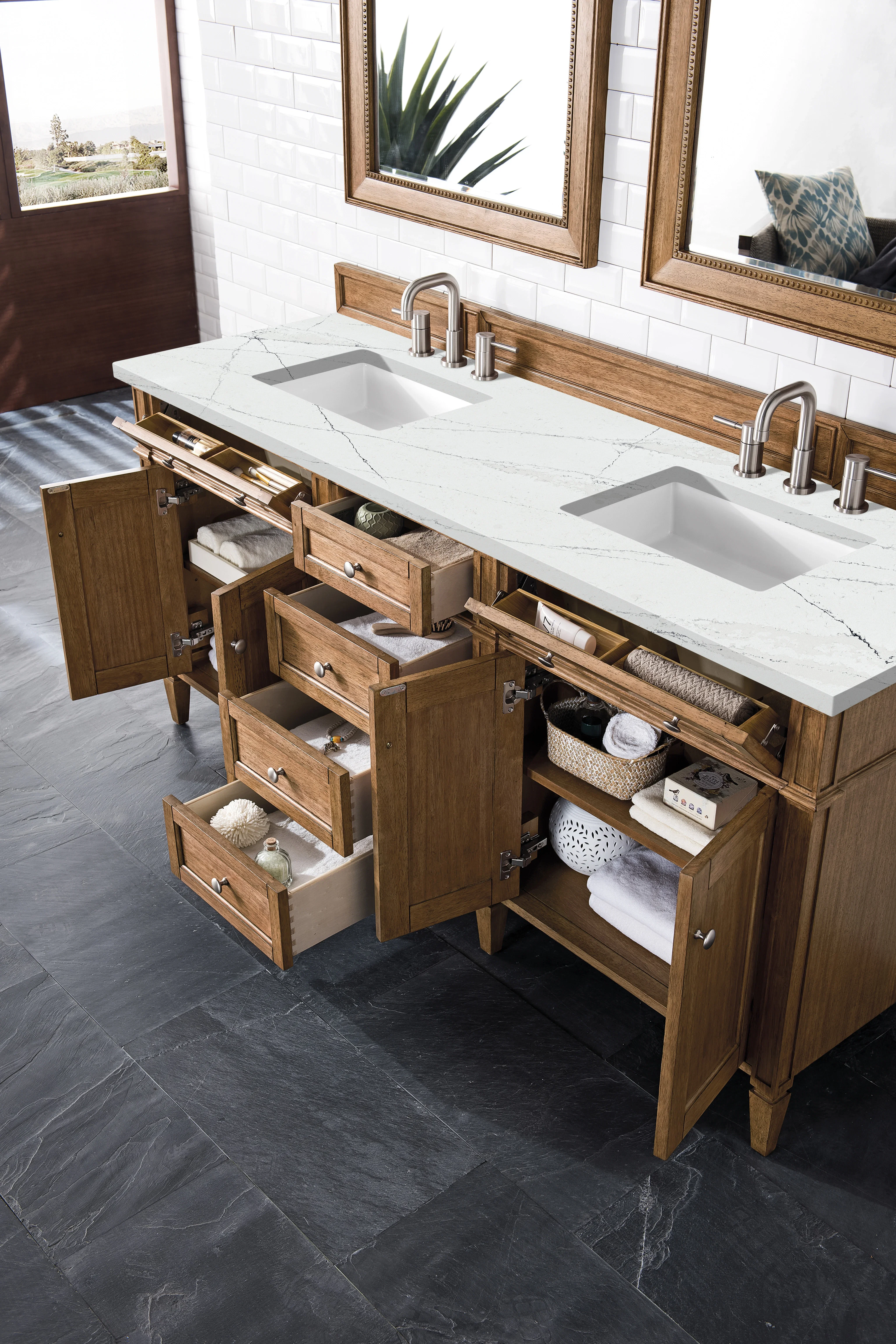 Brittany 72" Double Vanity, Saddle Brown w/ 3 CM Ethereal Noctis Silestone Top