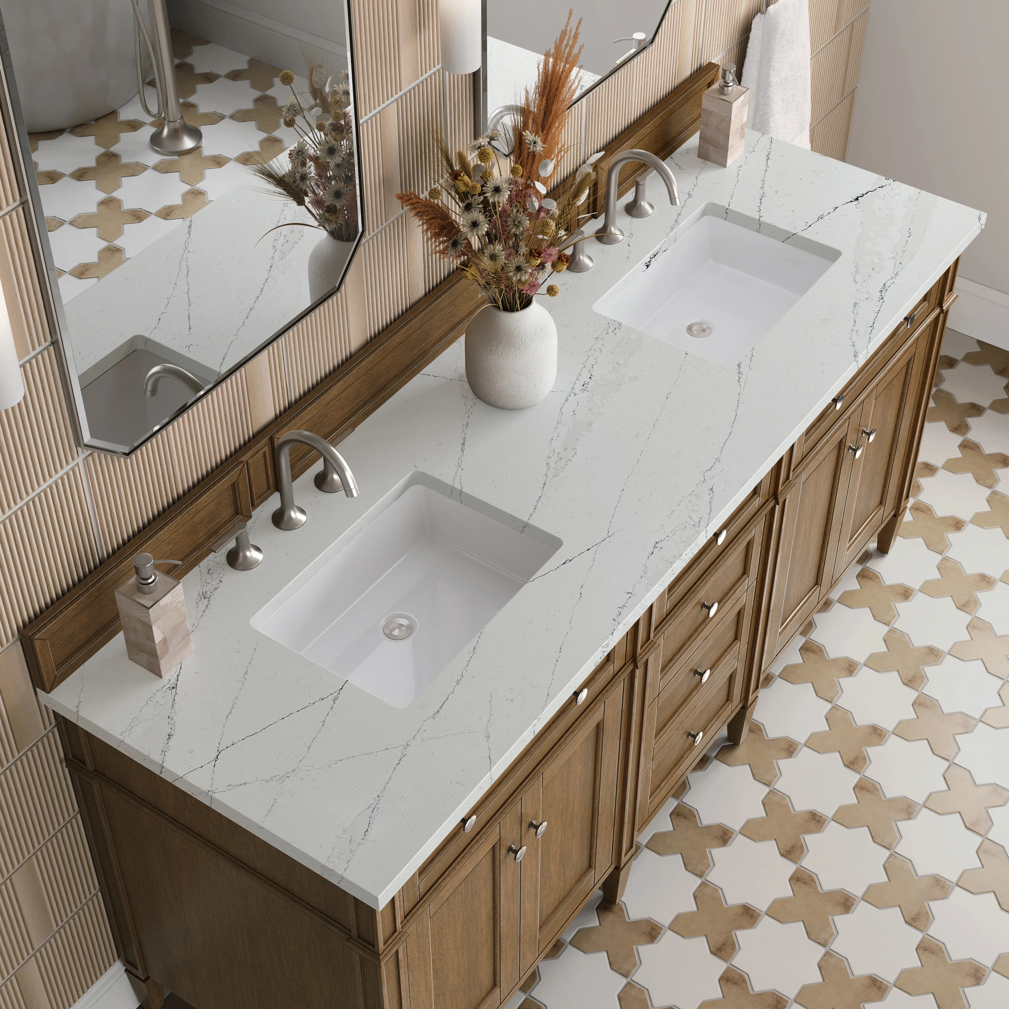 Brittany 72" Double Vanity, Saddle Brown w/ 3 CM Ethereal Noctis Silestone Top