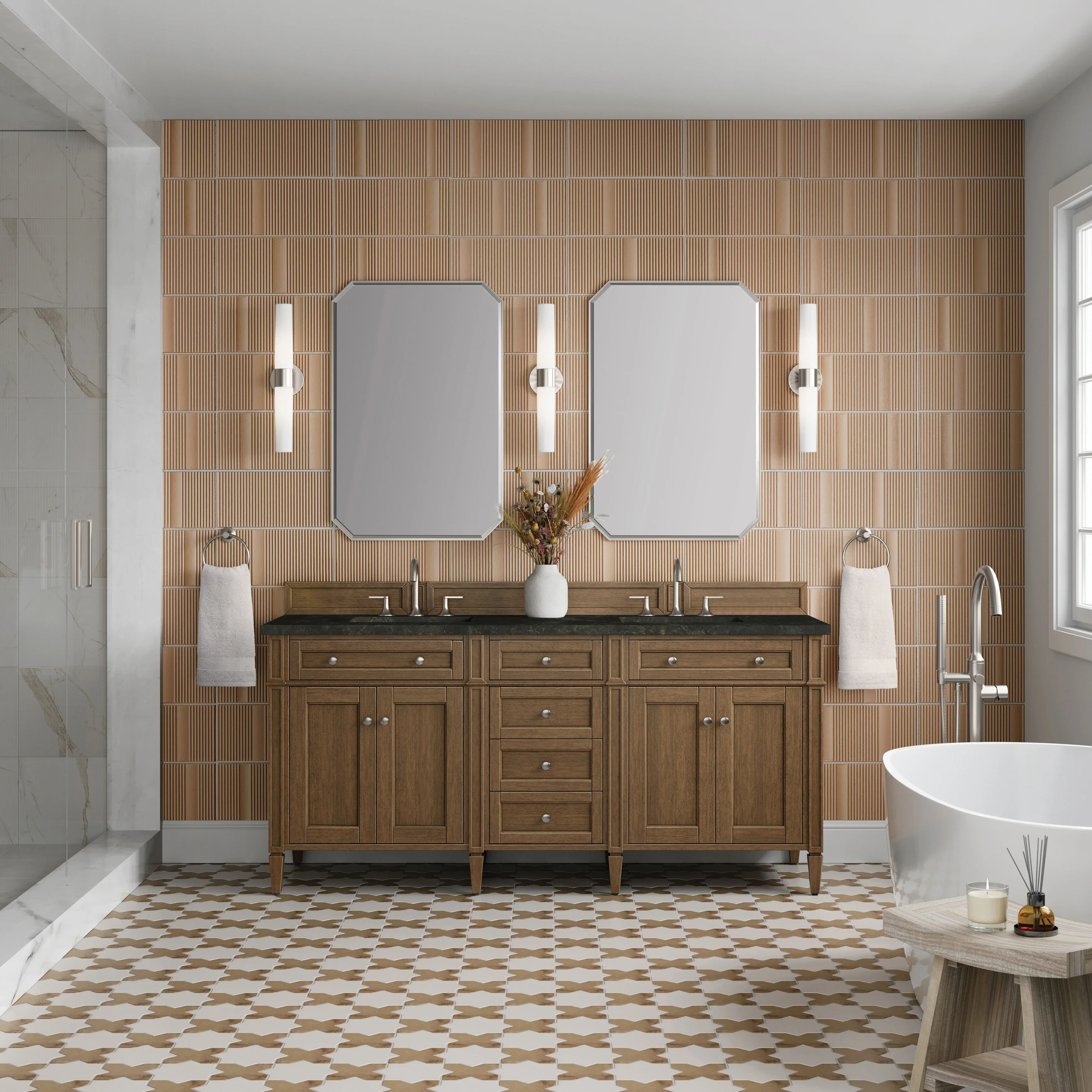 Brittany 72" Double Vanity, Saddle Brown, w/ 3 CM Phantome Eclos Top
