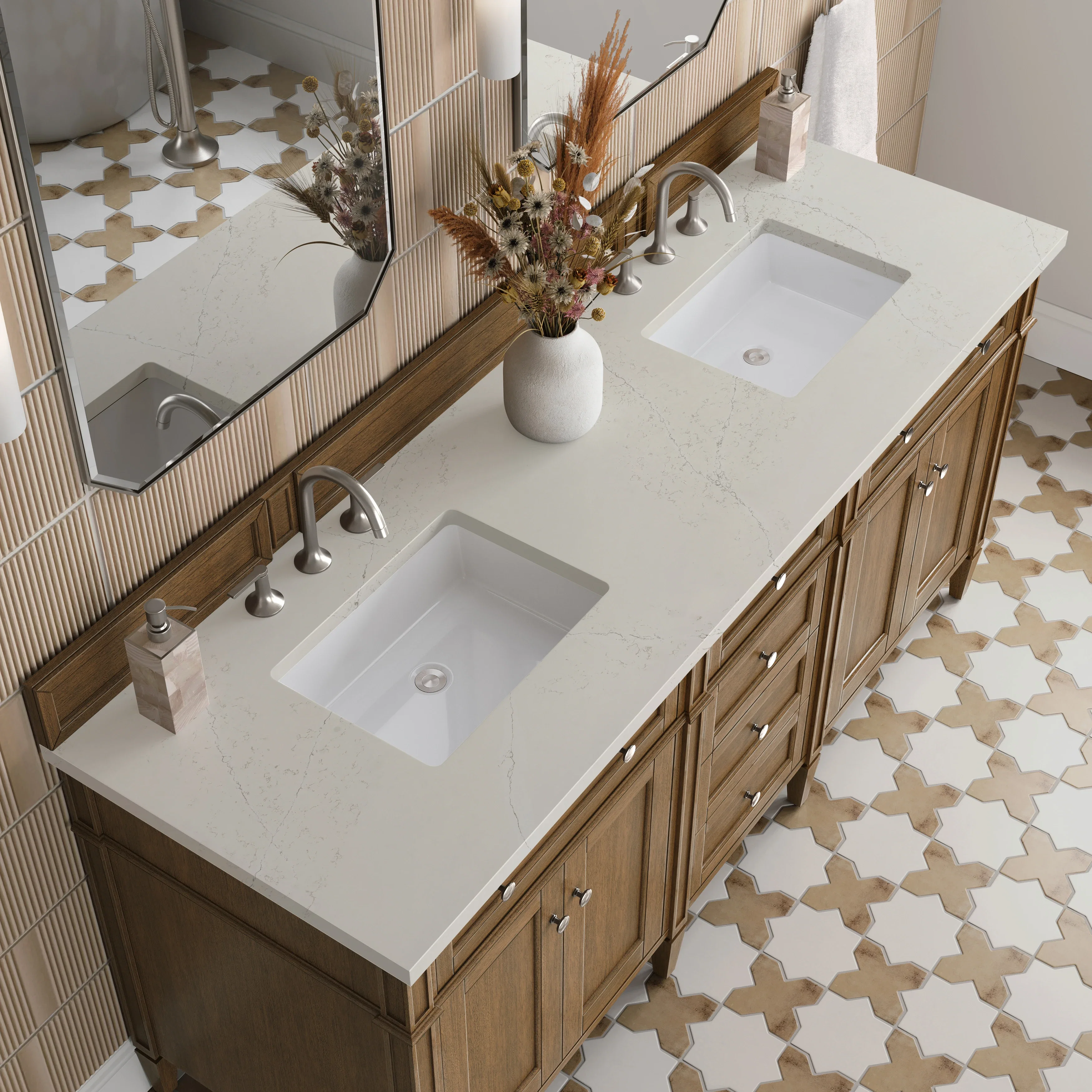Brittany 72" Double Vanity, Saddle Brown, w/ 3 CM Siberian Silestone Top
