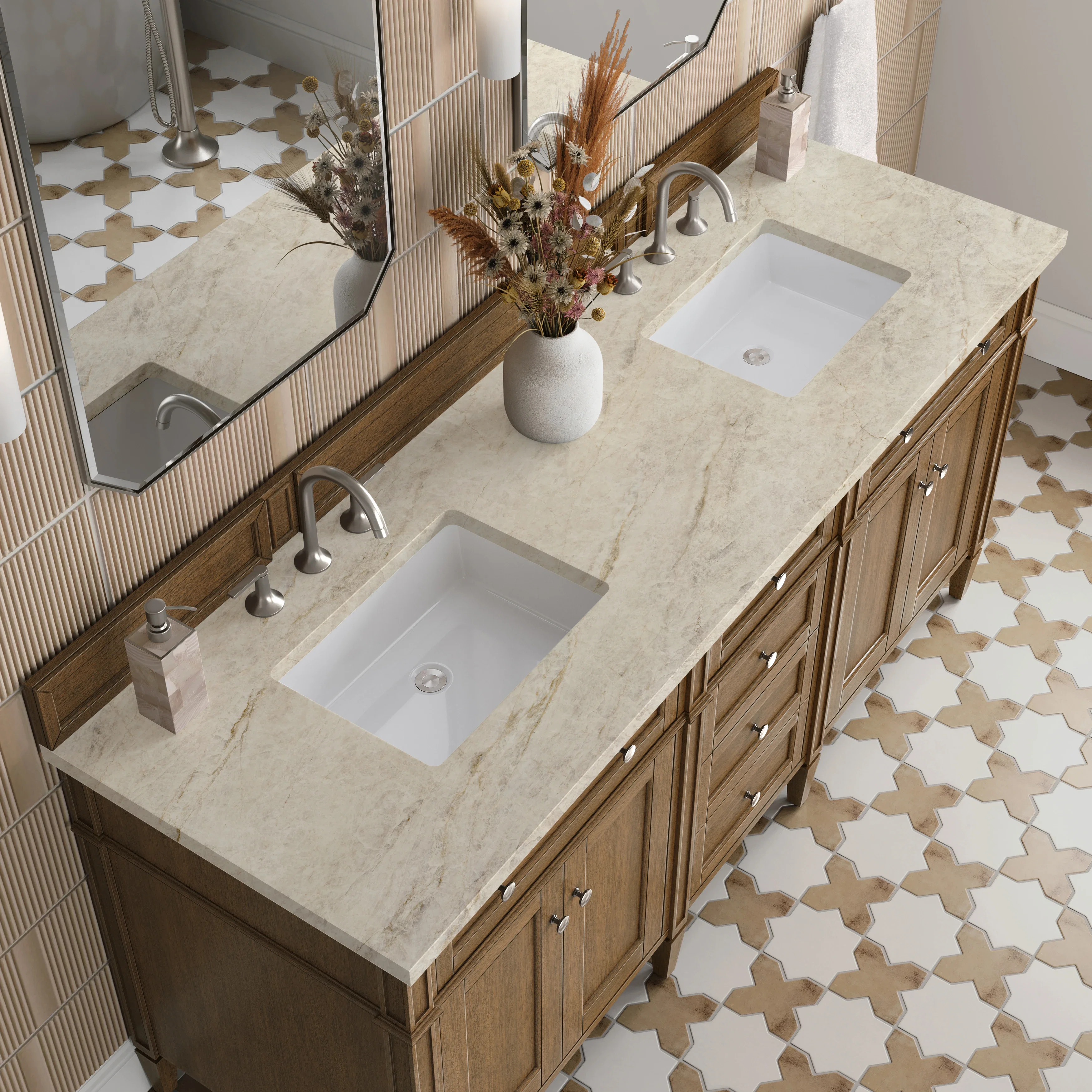 Brittany 72" Double Vanity, Saddle Brown, w/ 3 CM Tajnar Eclos Top
