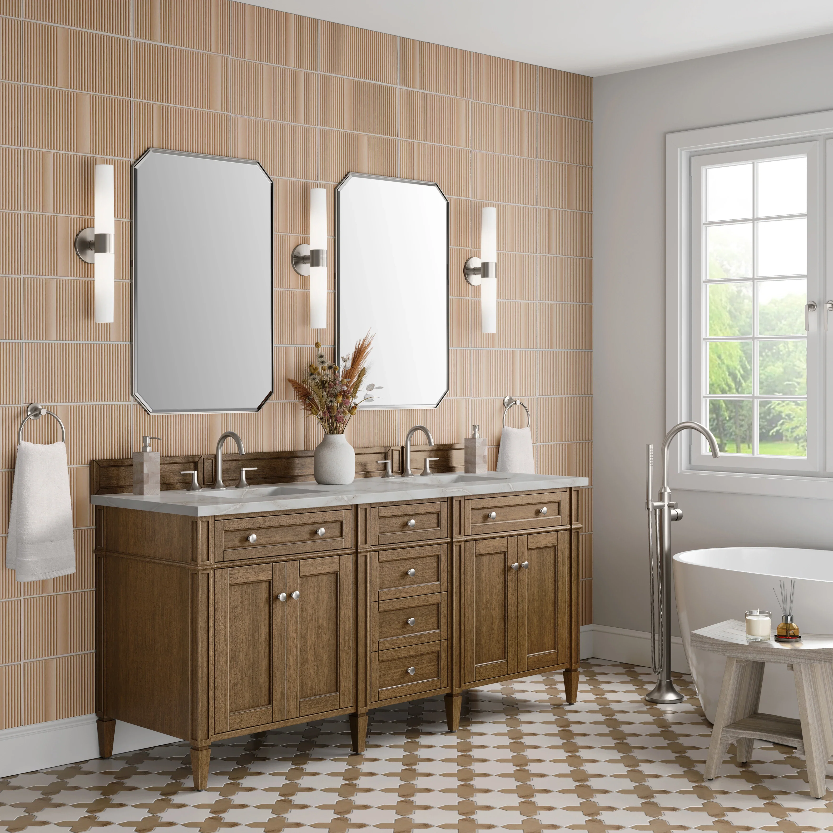 Brittany 72" Double Vanity, Saddle Brown w/ 3 CM Victorian Silver Silestone Top