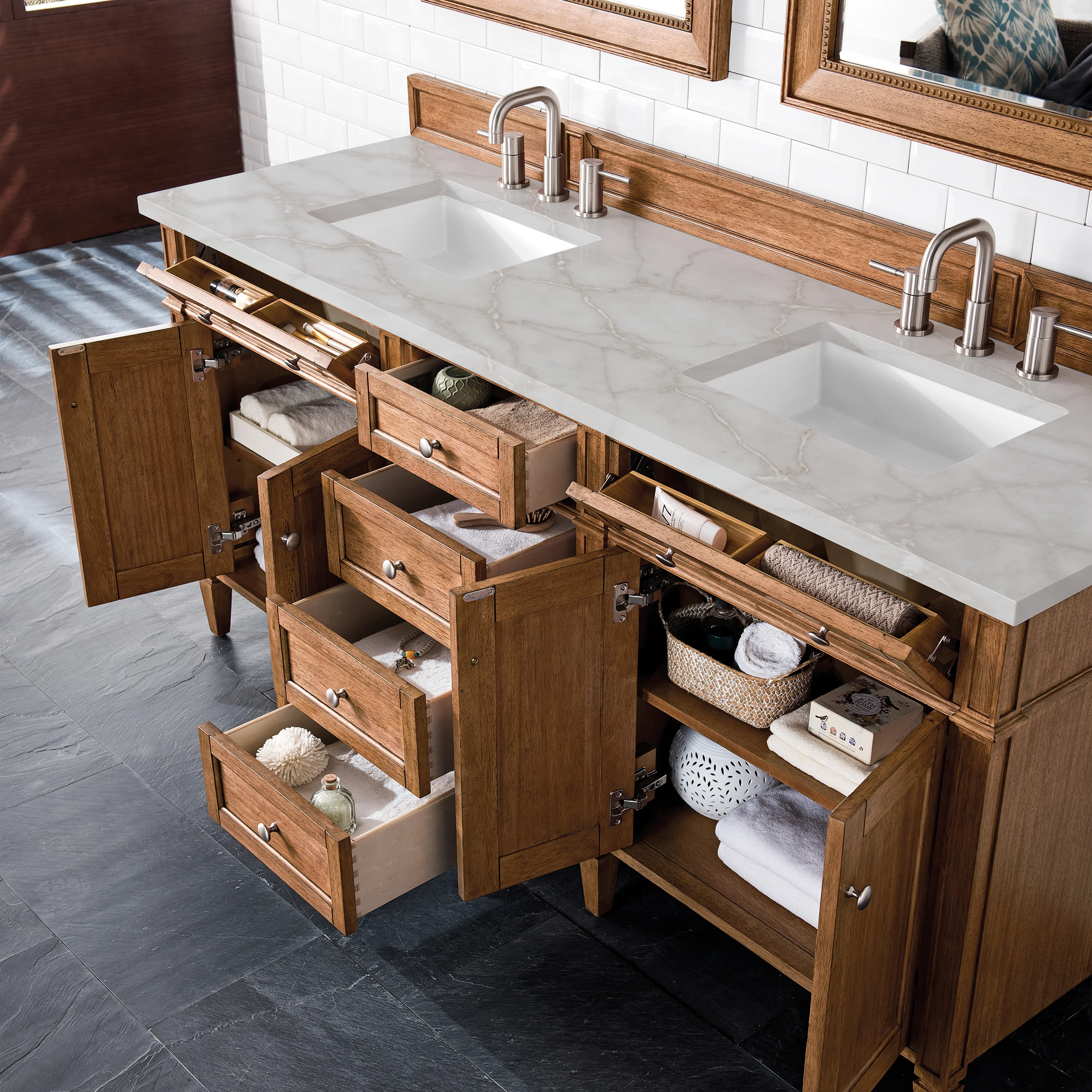 Brittany 72" Double Vanity, Saddle Brown w/ 3 CM Victorian Silver Silestone Top