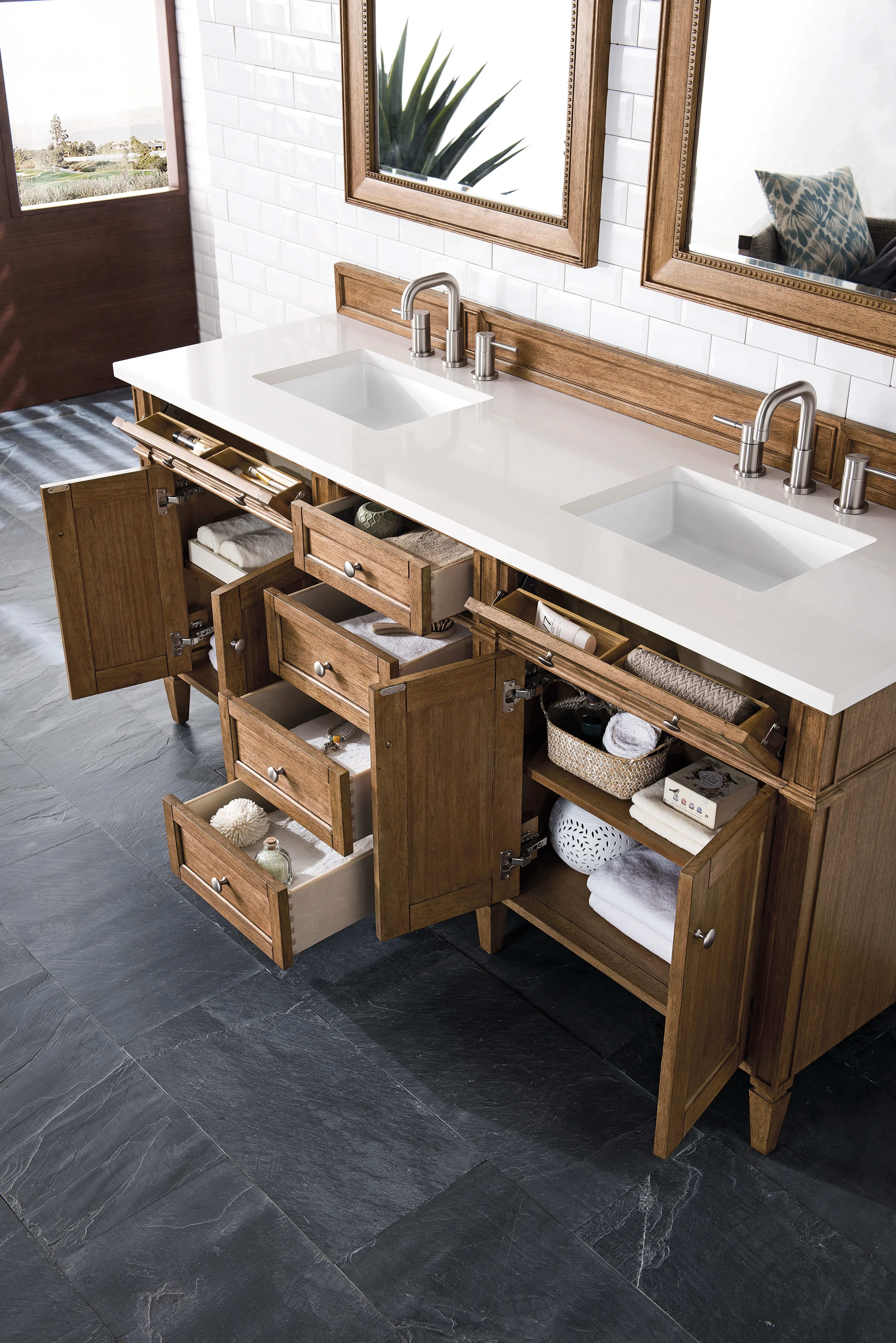 Brittany 72" Double Vanity, Saddle Brown w/ 3 CM White Zeus Silestone Top