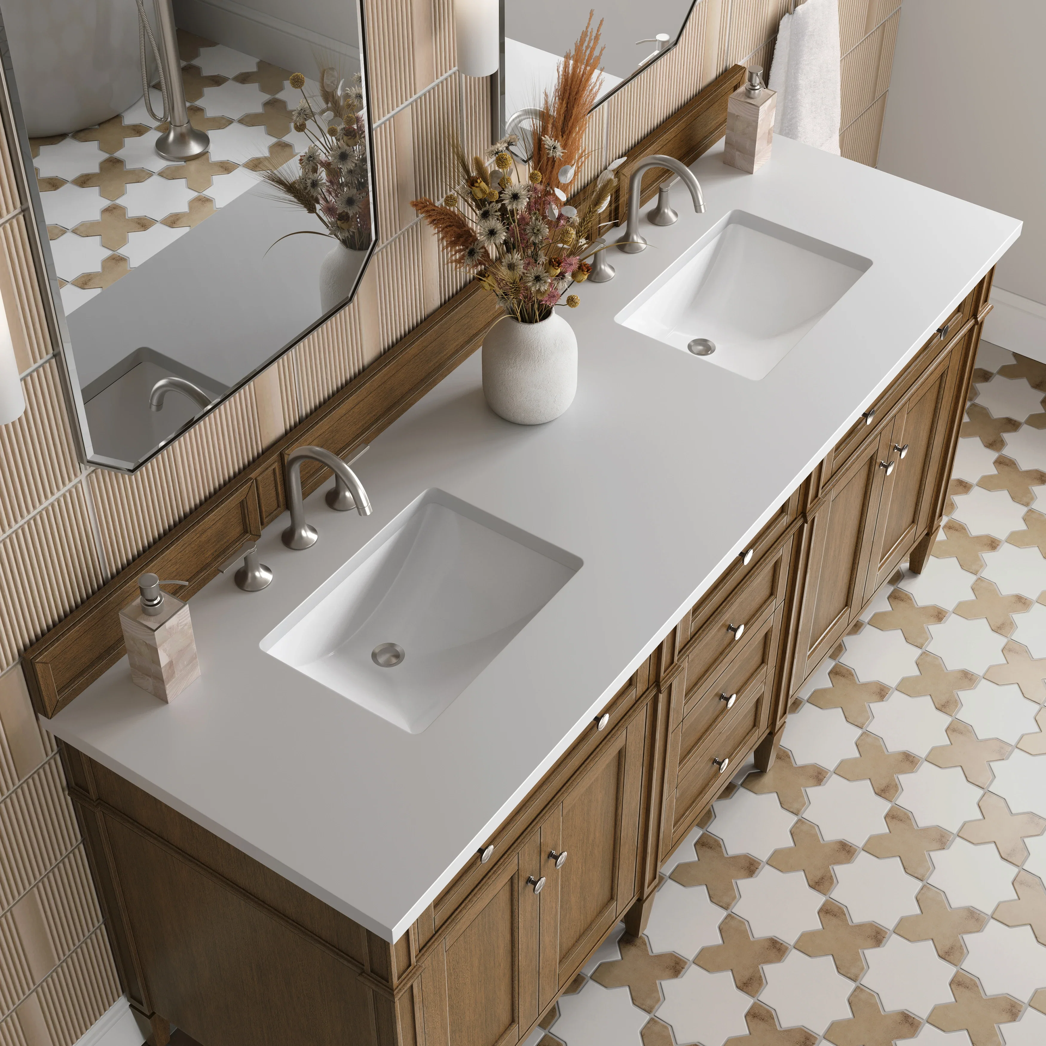 Brittany 72" Double Vanity, Saddle Brown w/ 3 CM White Zeus Silestone Top