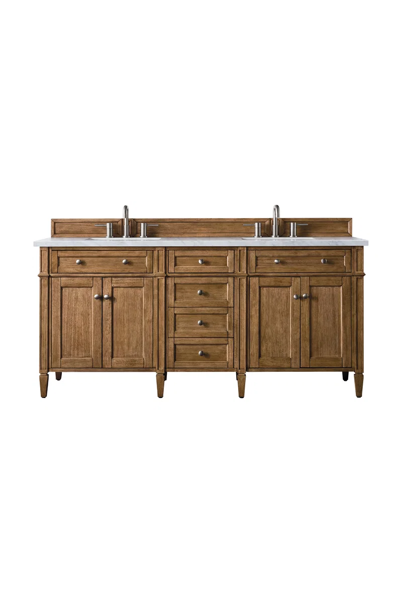 Brittany 72" Double Vanity, Saddle Brown w/ 3 CM Eternal Jasmine Pearl Silestone Top w/FreePower Wireless Charger