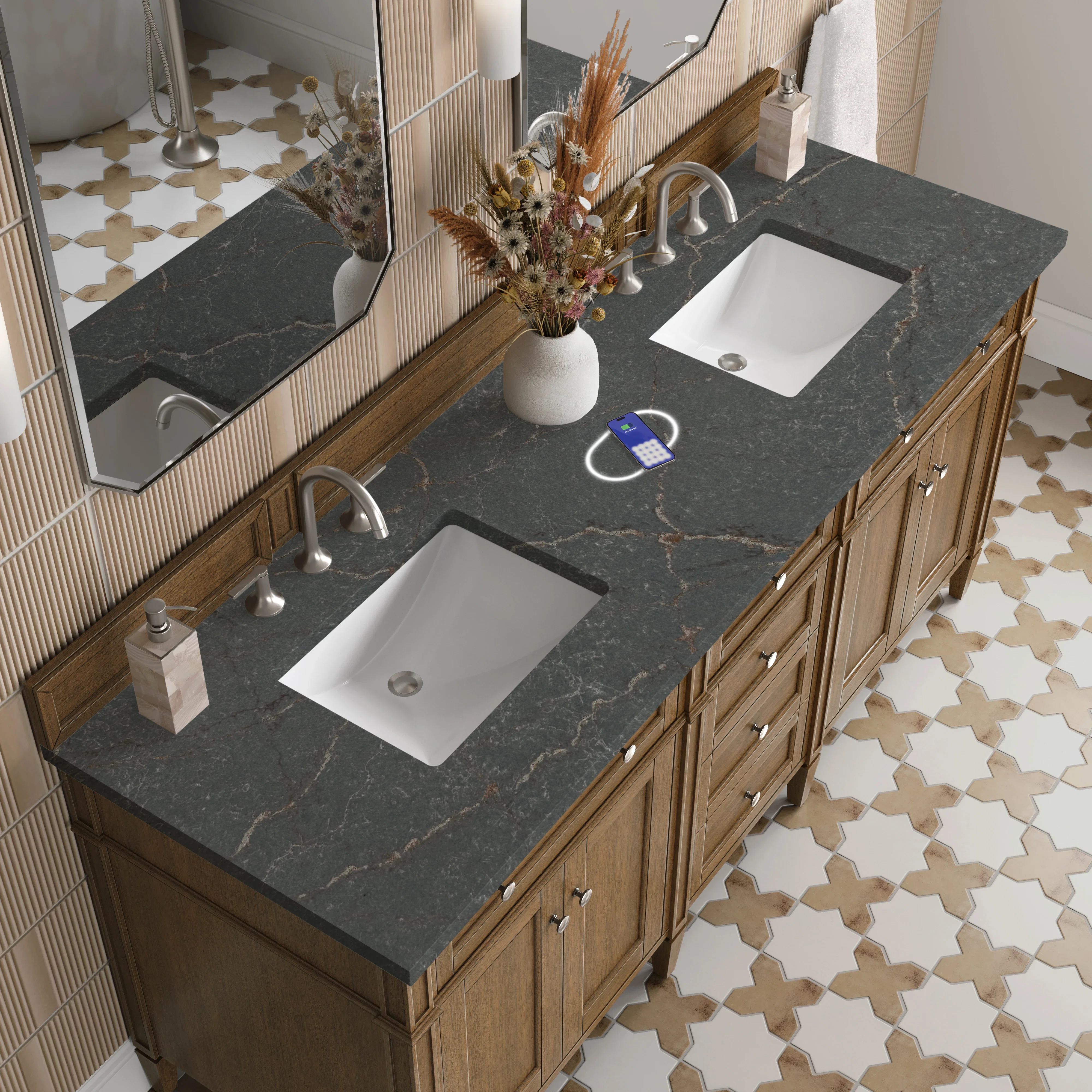 Brittany 72" Double Vanity, Saddle Brown w/ 3 CM Parisien Bleu Silestone Top w/FreePower Wireless Charger