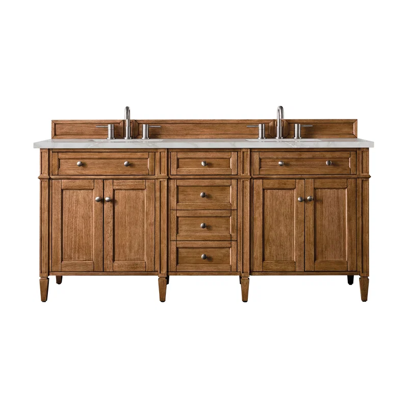 Brittany 72" Double Vanity, Saddle Brown w/ 3 CM Victorian Silver Silestone Top w/FreePower Wireless Charger