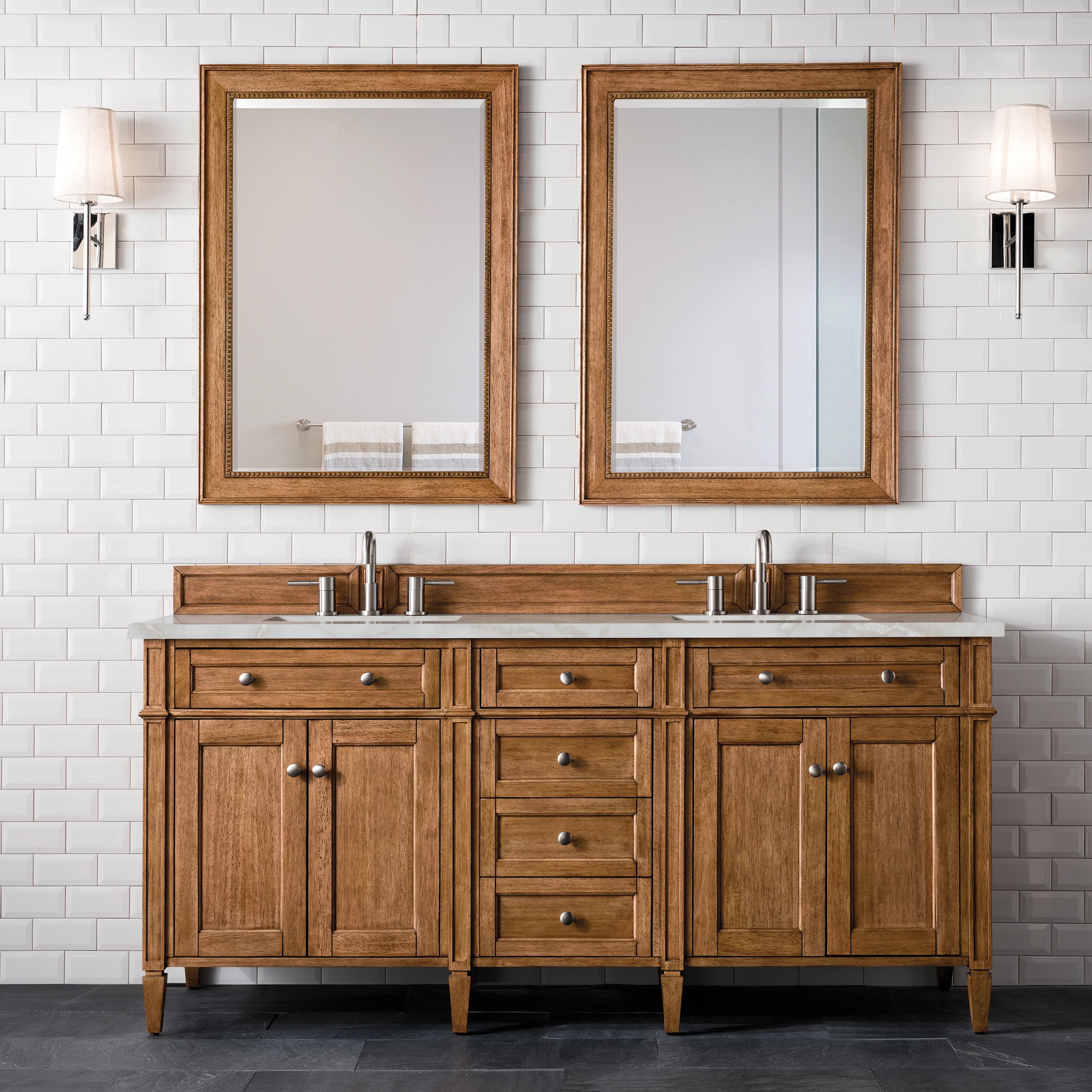 Brittany 72" Double Vanity, Saddle Brown w/ 3 CM Victorian Silver Silestone Top w/FreePower Wireless Charger