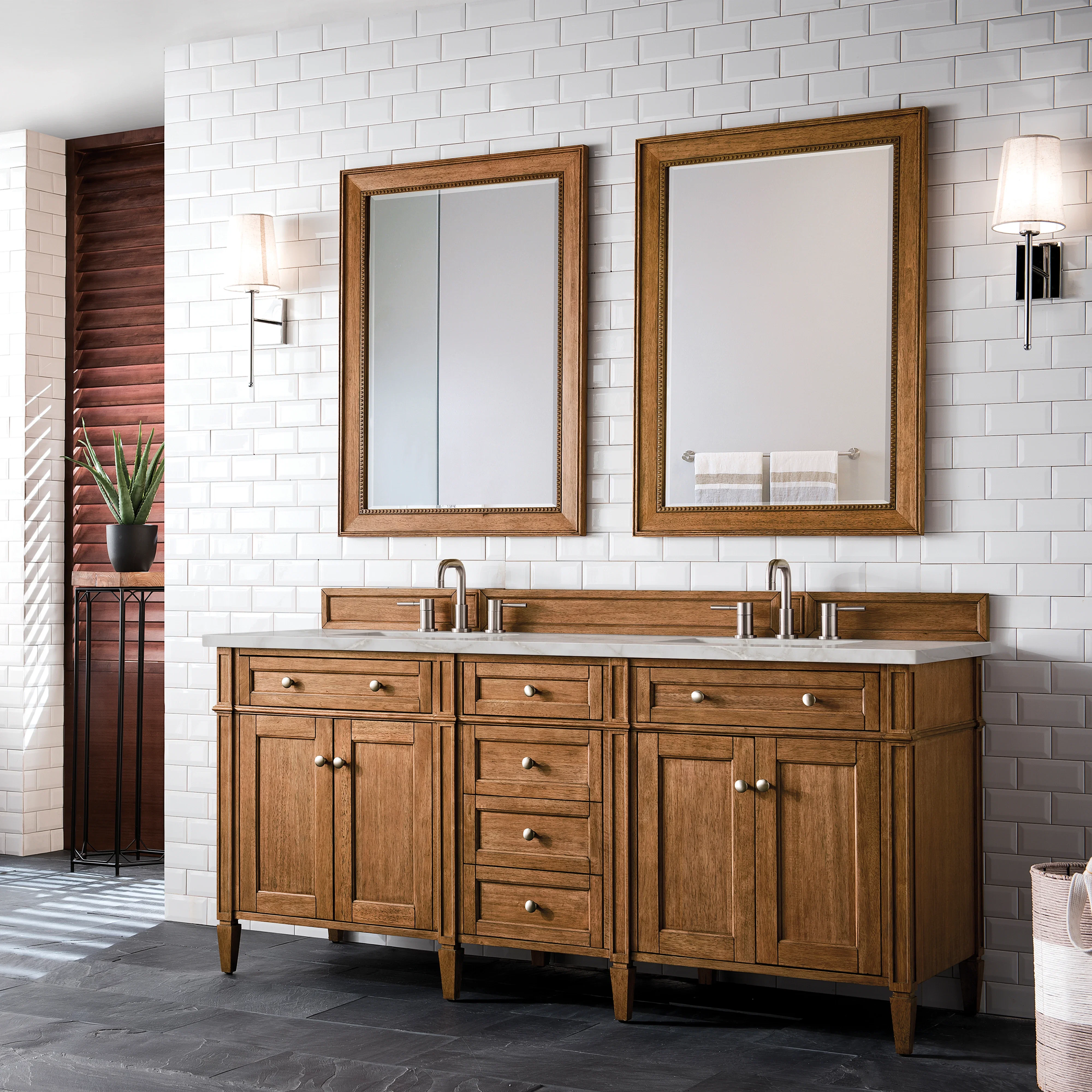 Brittany 72" Double Vanity, Saddle Brown w/ 3 CM Victorian Silver Silestone Top w/FreePower Wireless Charger