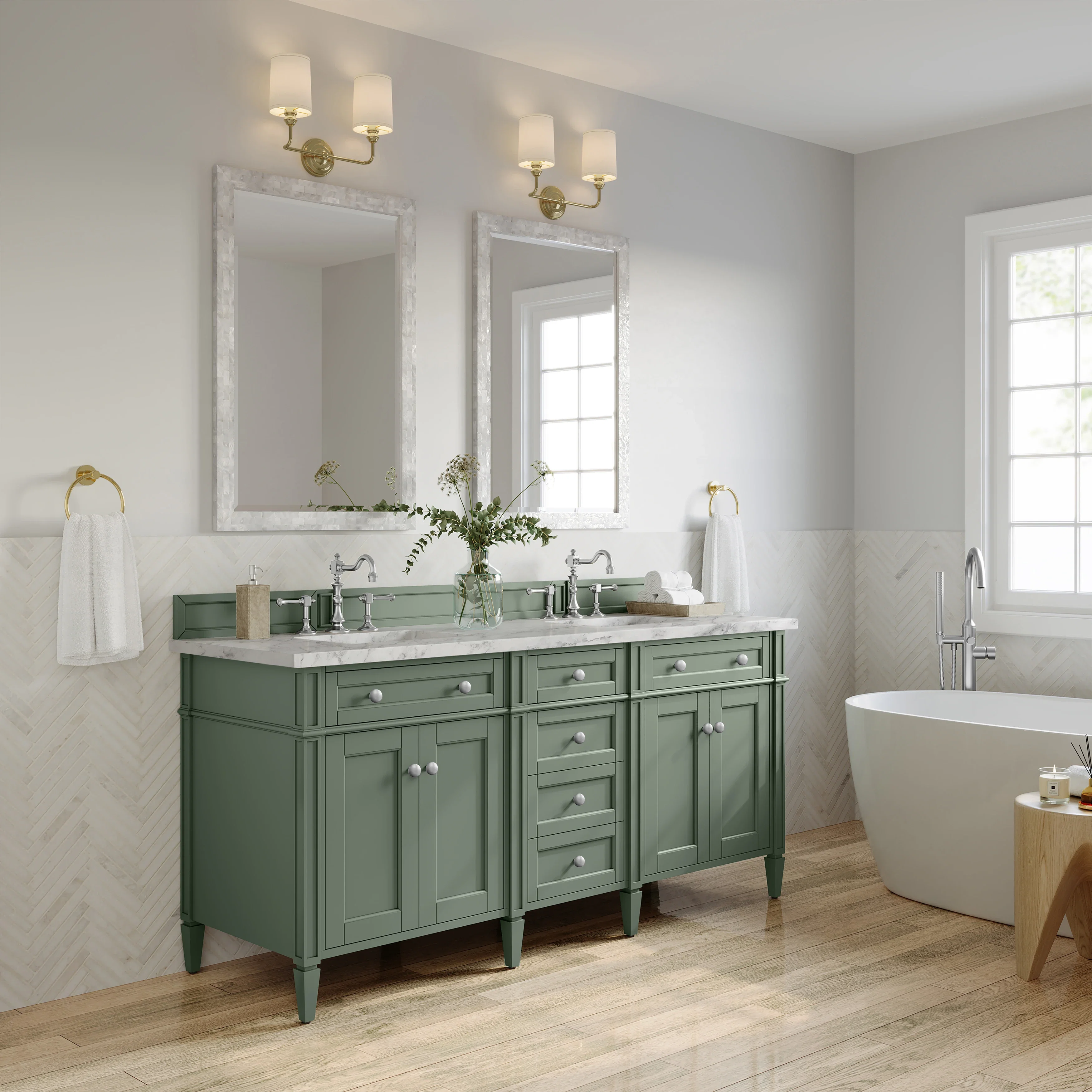 Brittany 72" Double Vanity, Smokey Celadon w/ 3 CM Carrara Marble Top