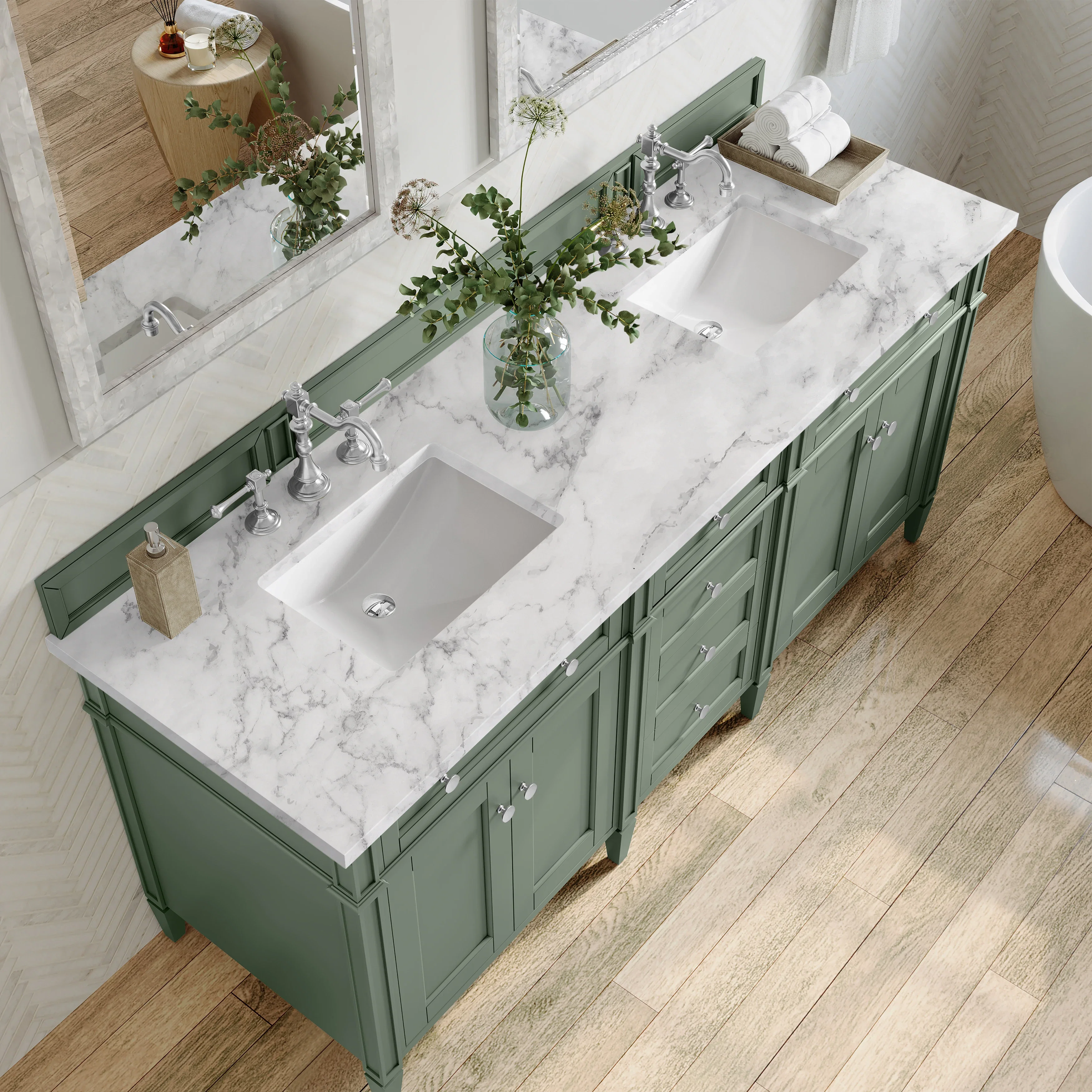 Brittany 72" Double Vanity, Smokey Celadon w/ 3 CM Carrara Marble Top