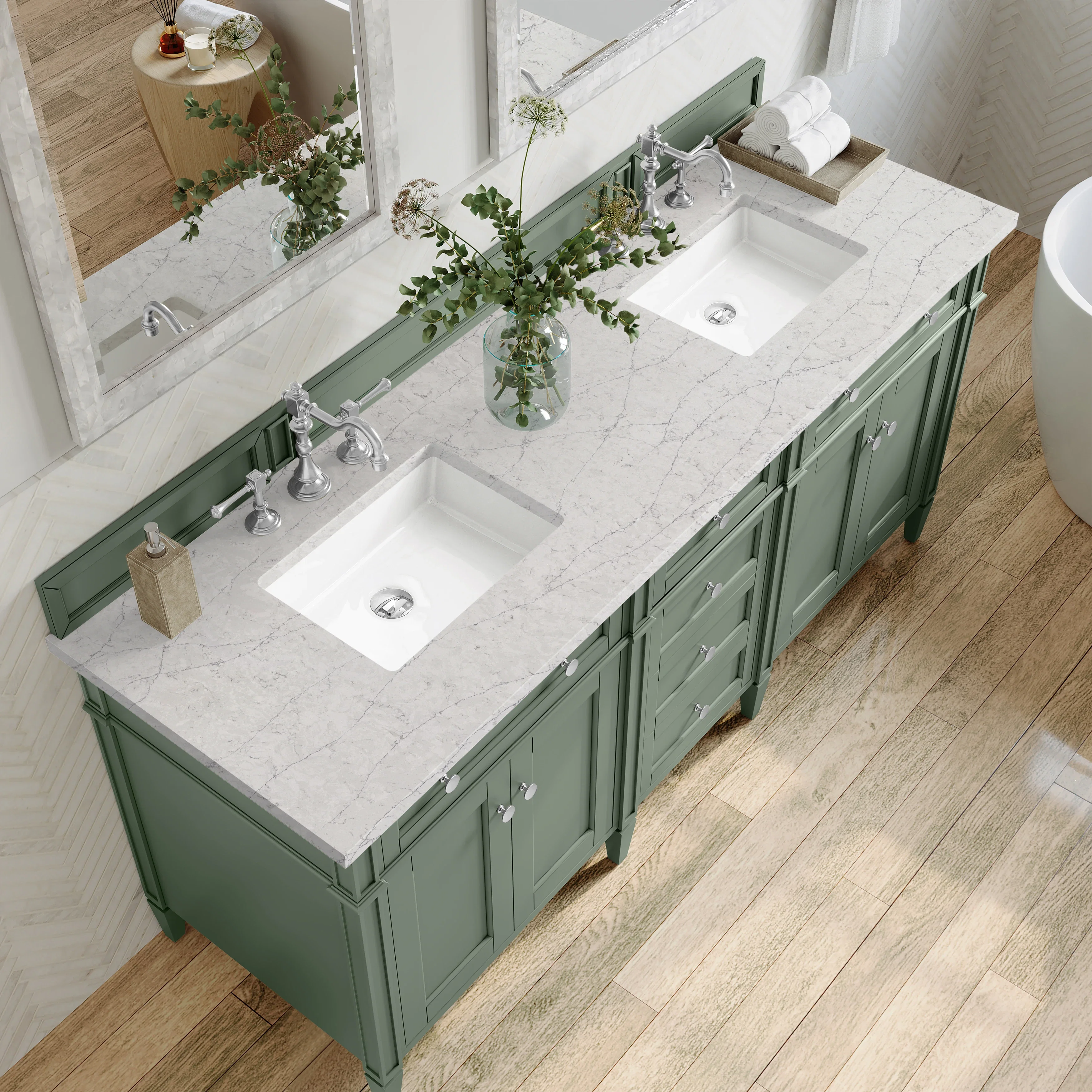 Brittany 72" Double Vanity, Smokey Celadon w/ 3 CM Eternal Jasmine Pearl Top