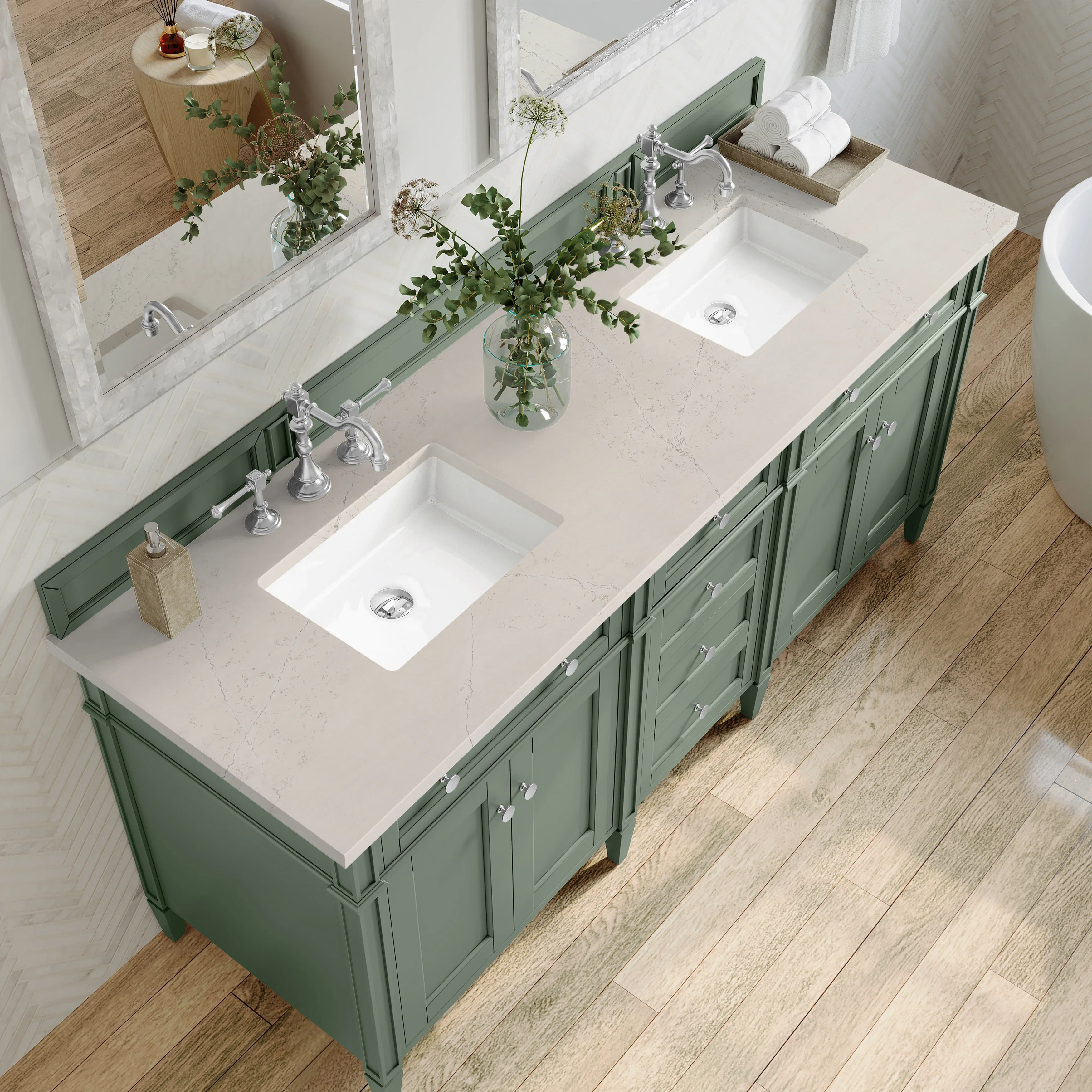 Brittany 72" Double Vanity, Smokey Celadon, w/ 3 CM Siberian Silestone Top