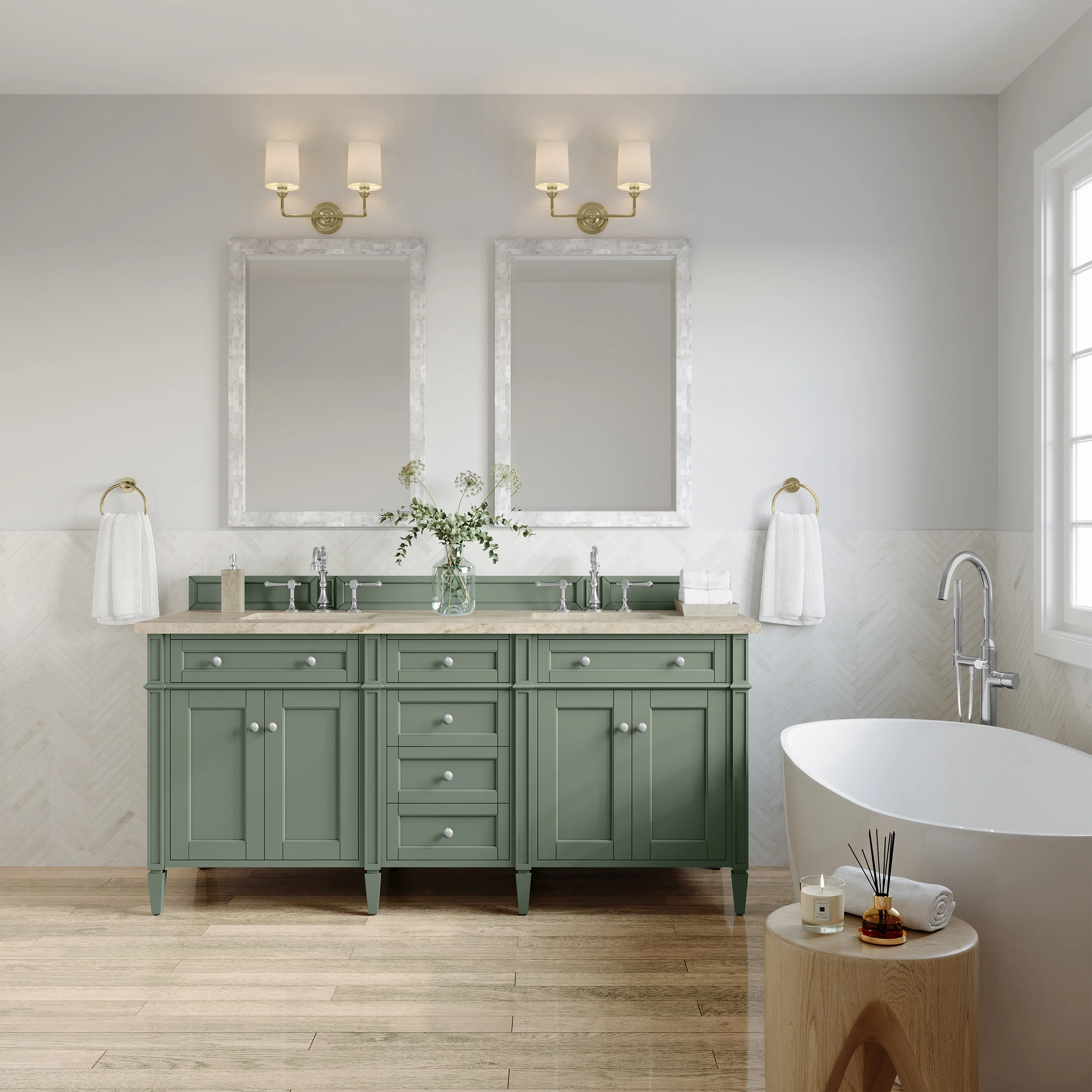 Brittany 72" Double Vanity, Smokey Celadon, w/ 3 CM Tajnar Eclos Top
