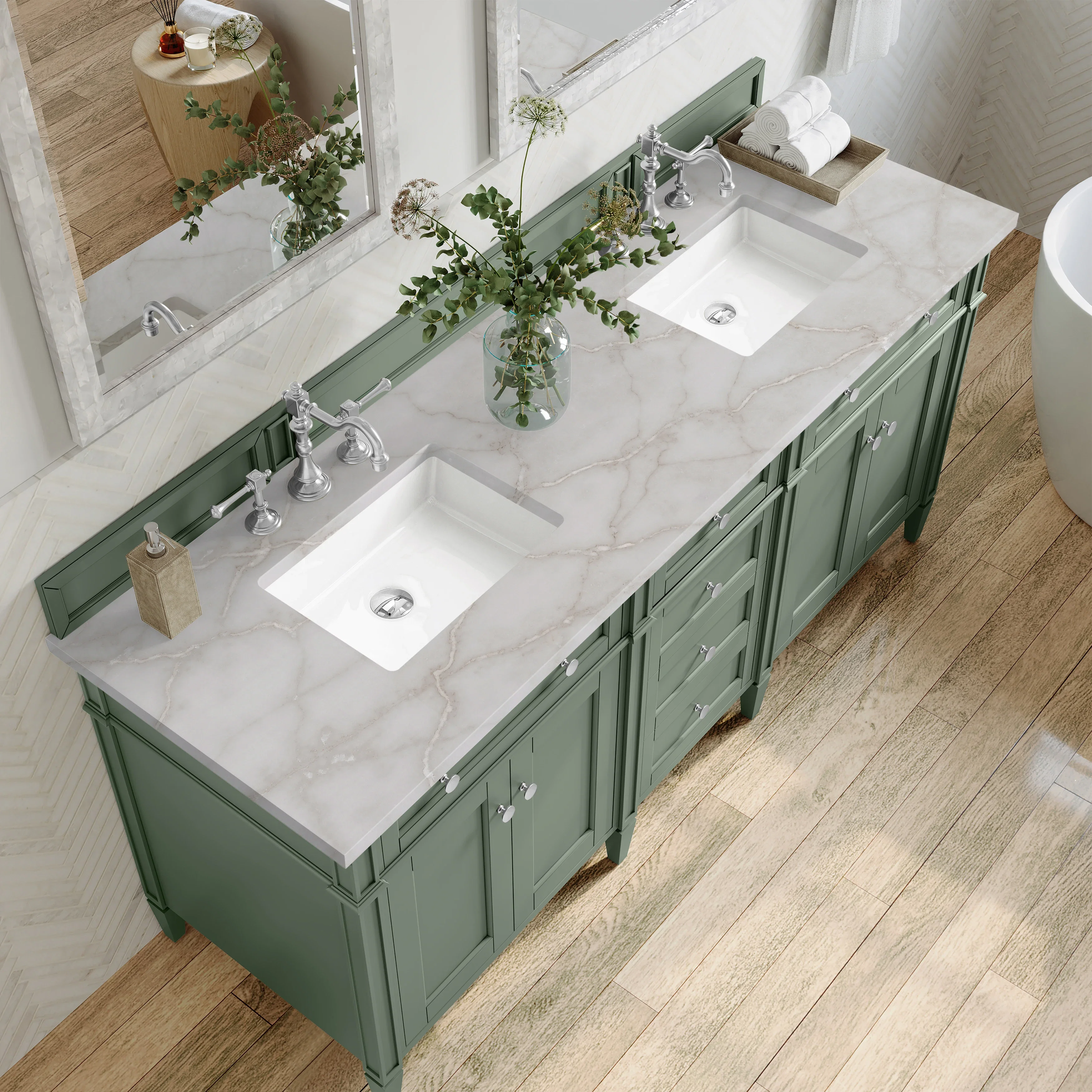 Brittany 72" Double Vanity, Smokey Celadon w/ 3 CM Victorian Silver Top