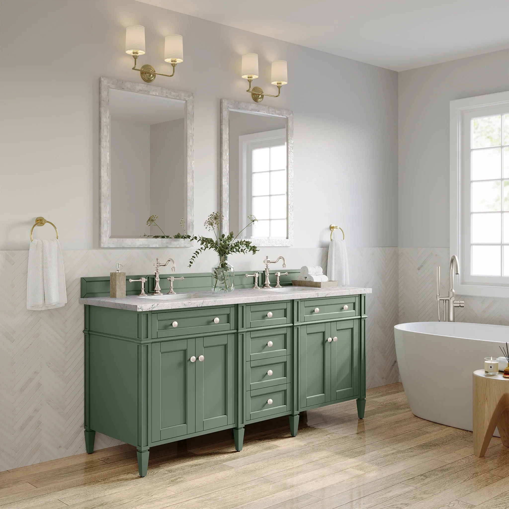 Brittany 72" Double Vanity, Smokey Celadon w/ 3 CM Eternal Jasmine Pearl Top w/FreePower Wireless Charger
