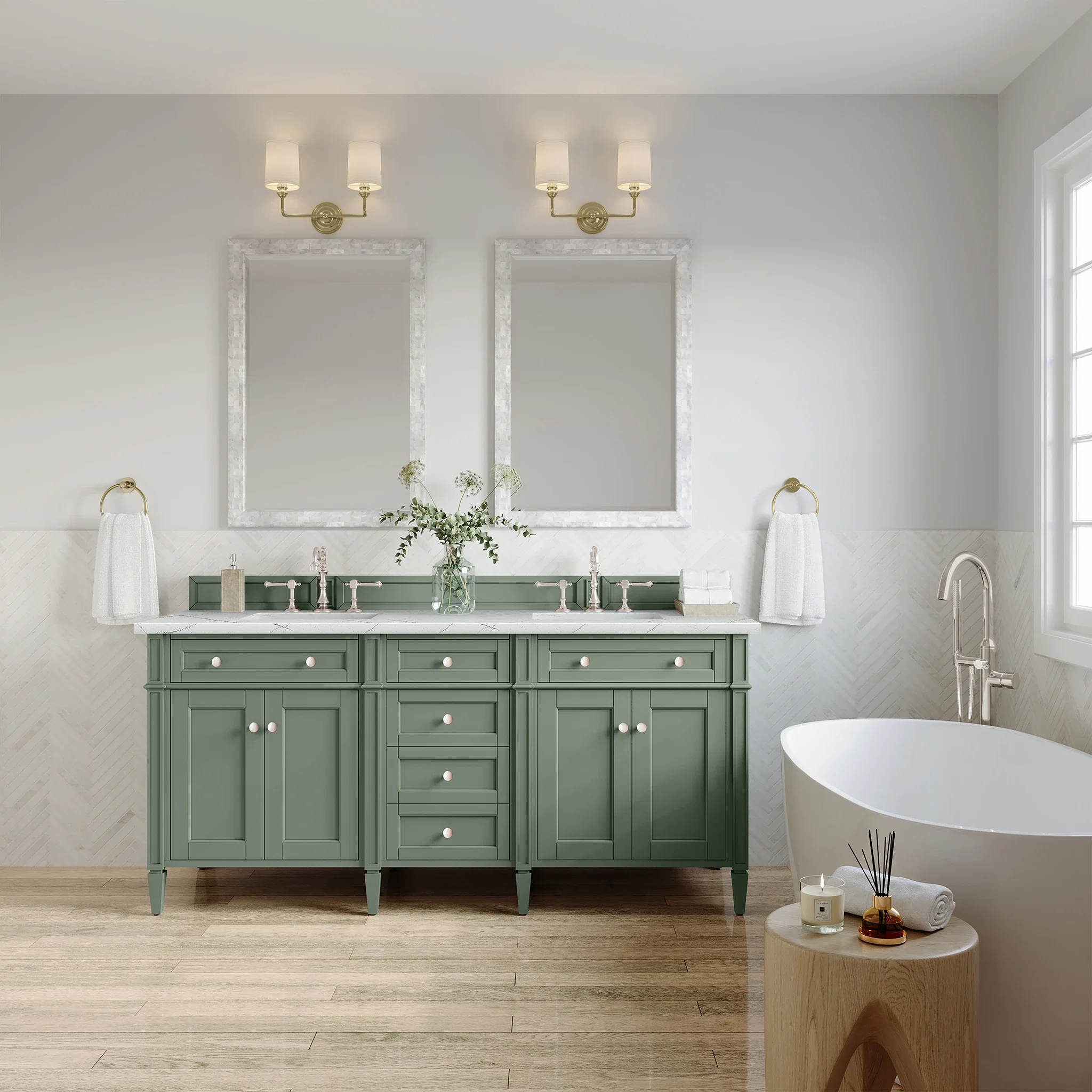 Brittany 72" Double Vanity, Smokey Celadon w/ 3 CM Ethereal Noctis Top w/FreePower Wireless Charger