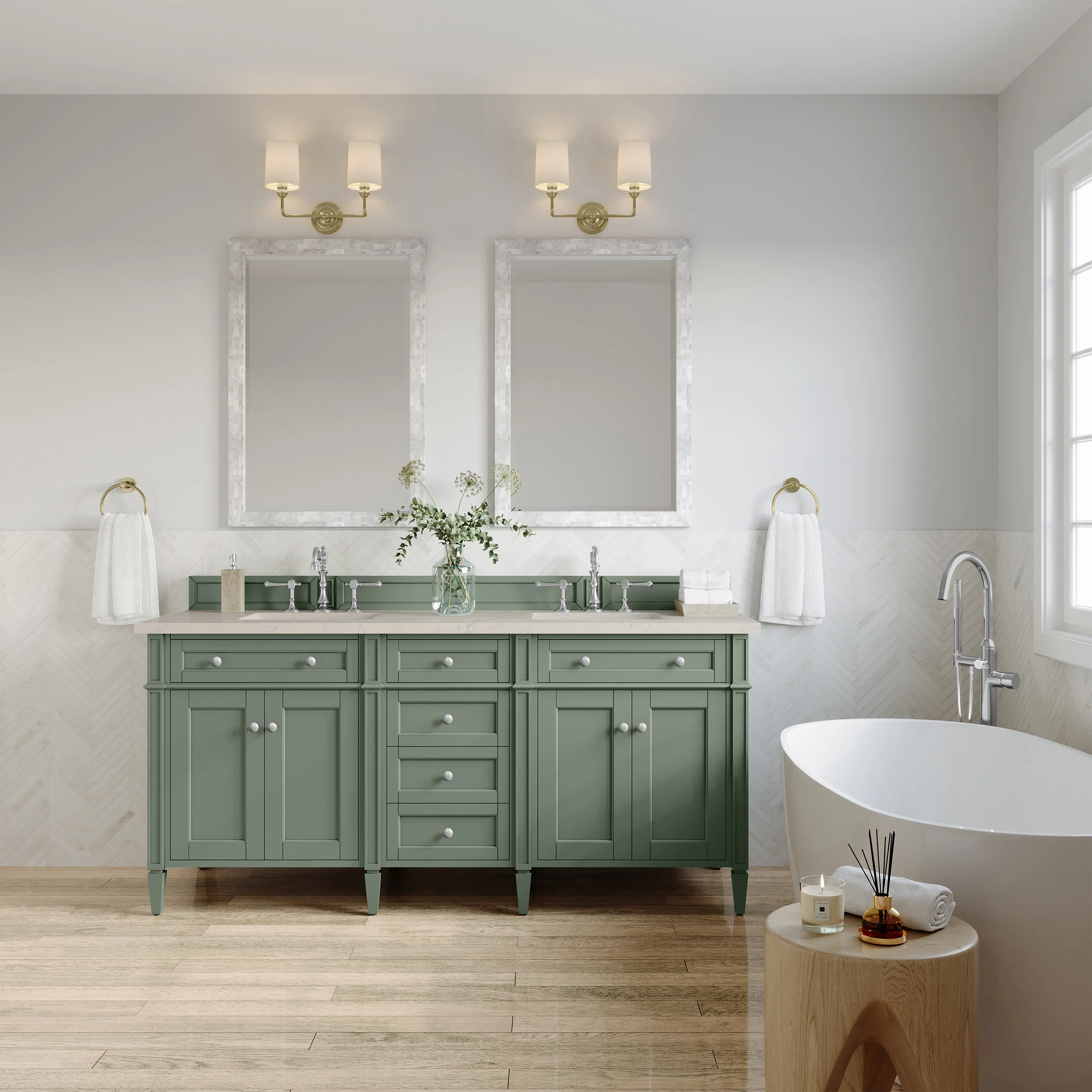 Brittany 72" Double Vanity, Smokey Celadon, w/ 3 CM Siberian Silestone Top w/FreePower Wireless Charger