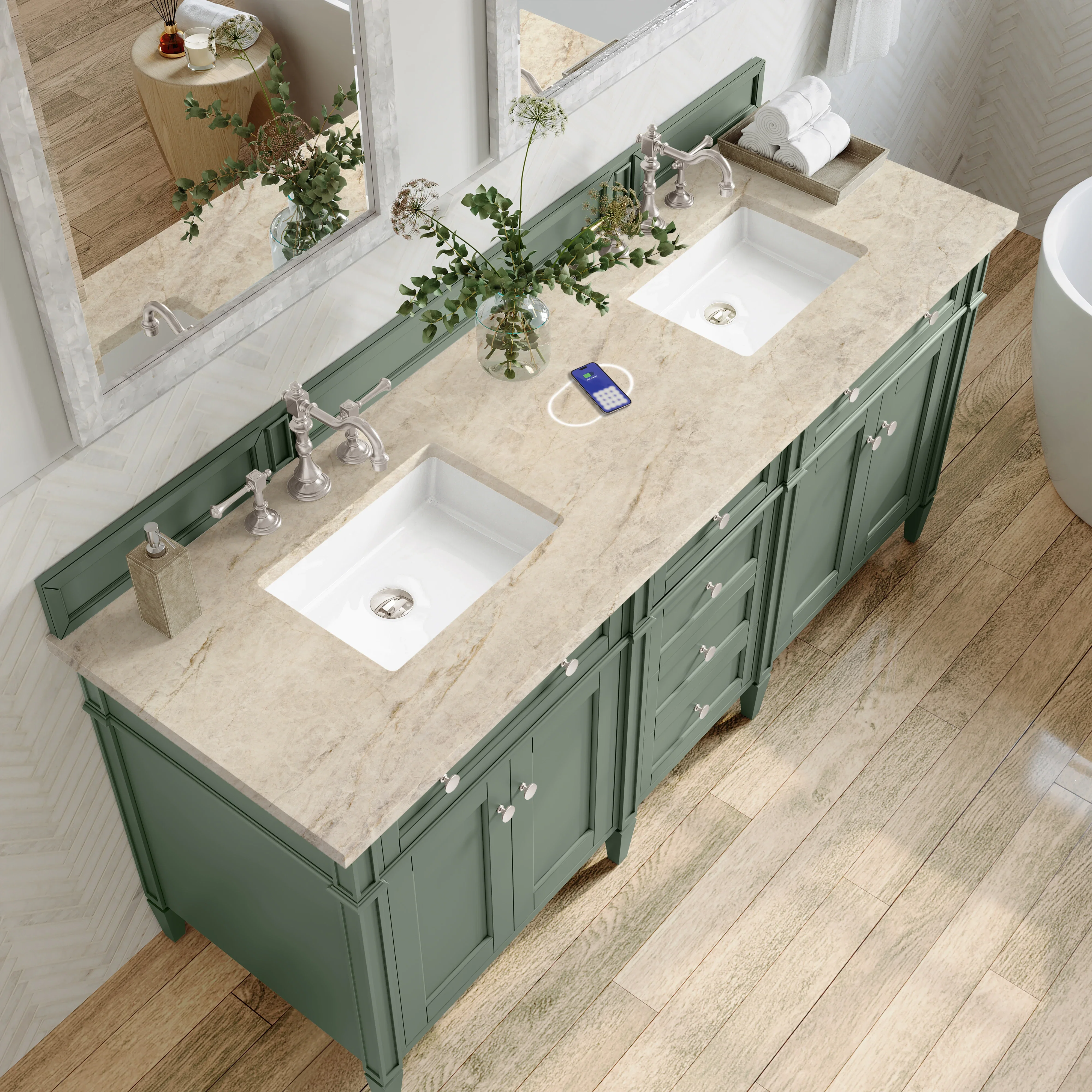 Brittany 72" Double Vanity, Smokey Celadon, w/ 3 CM Tajnar Eclos Top w/FreePower Wireless Charger