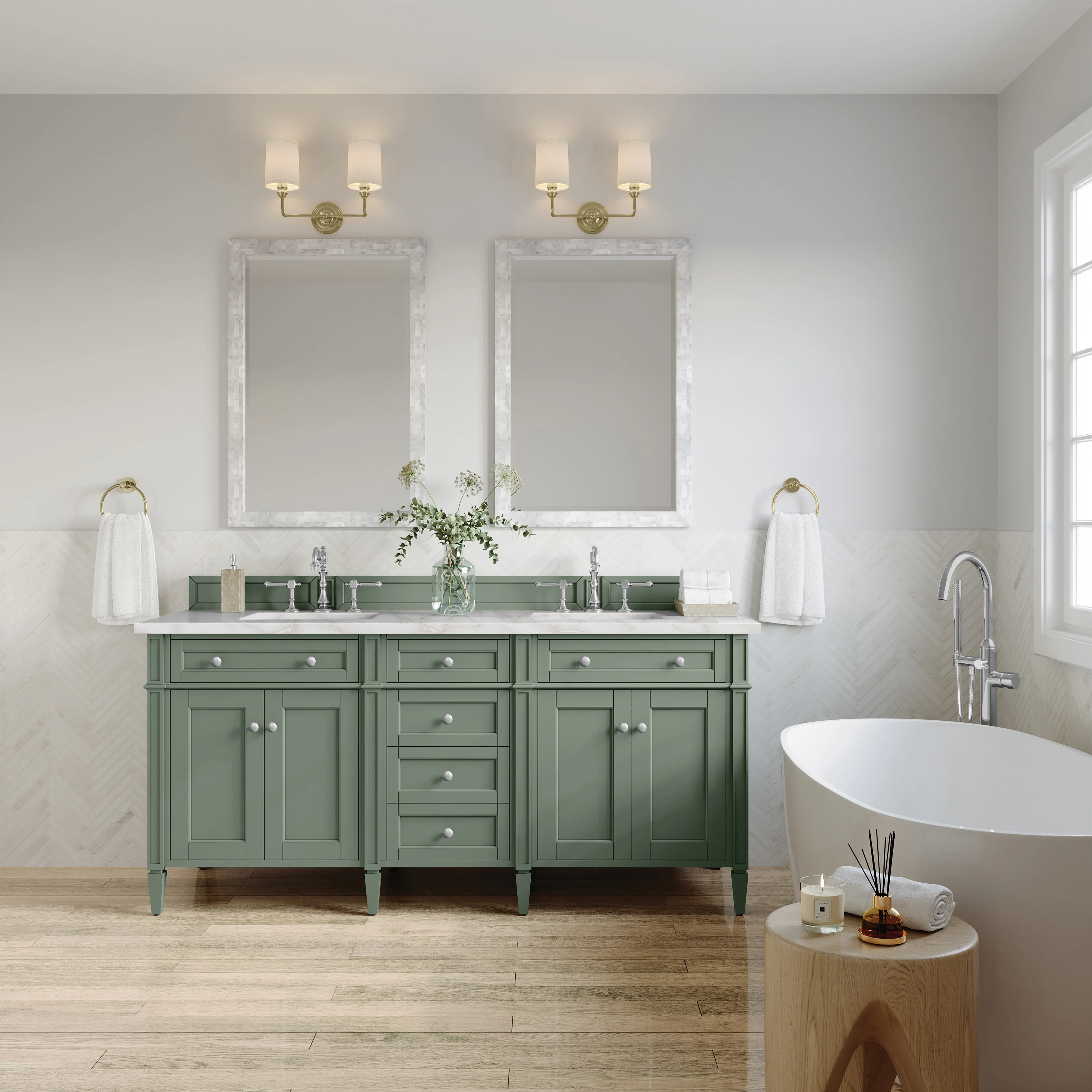 Brittany 72" Double Vanity, Smokey Celadon w/ 3 CM Victorian Silver Top w/FreePower Wireless Charger