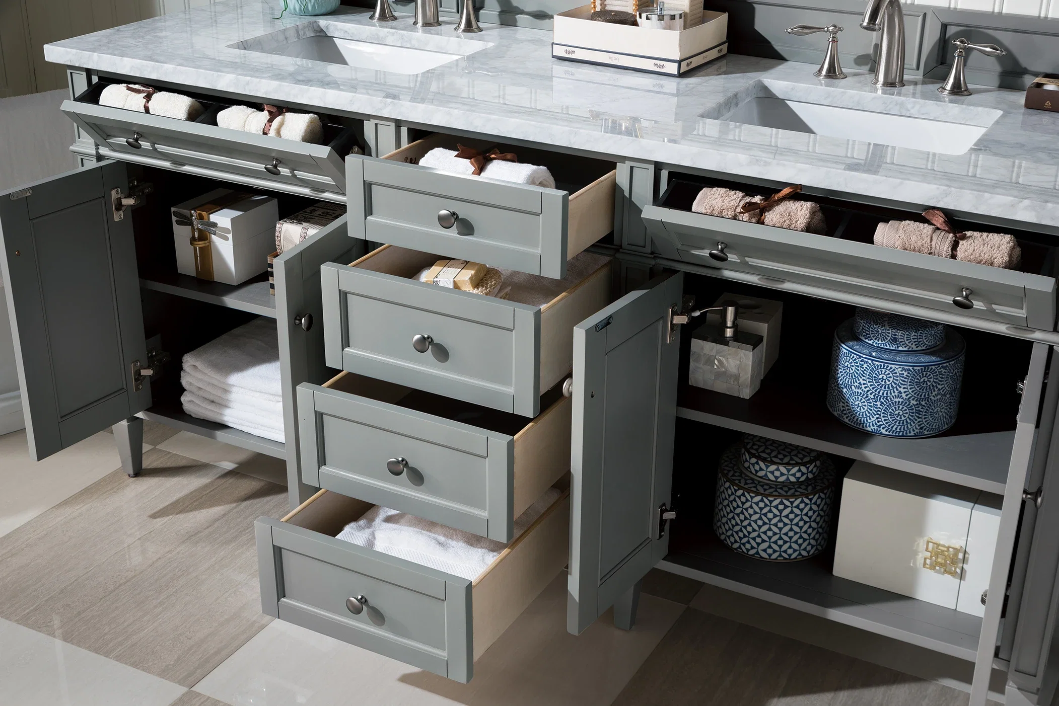 Brittany 72" Double Vanity, Urban Gray w/ 3 CM Carrara Marble Top