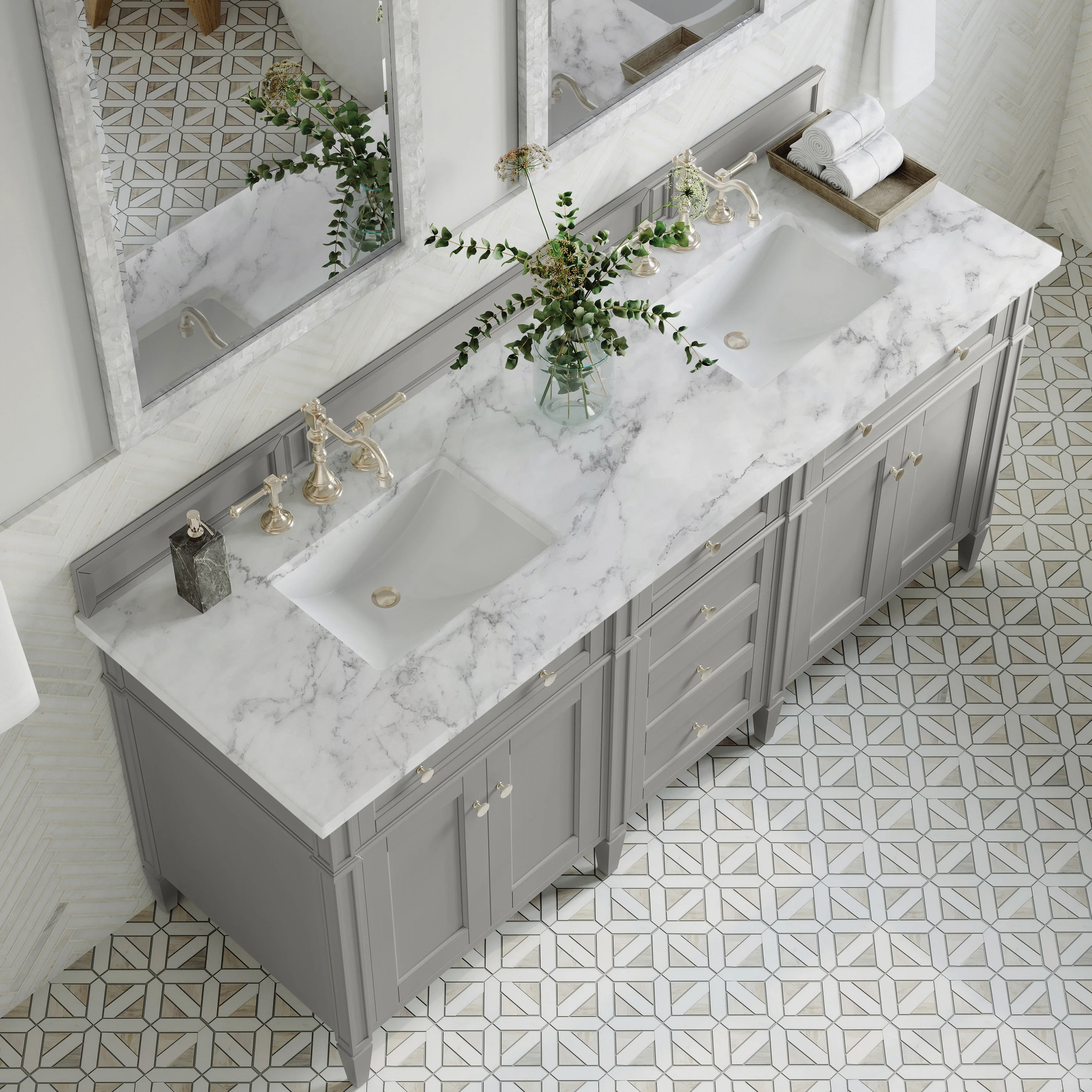 Brittany 72" Double Vanity, Urban Gray w/ 3 CM Carrara Marble Top