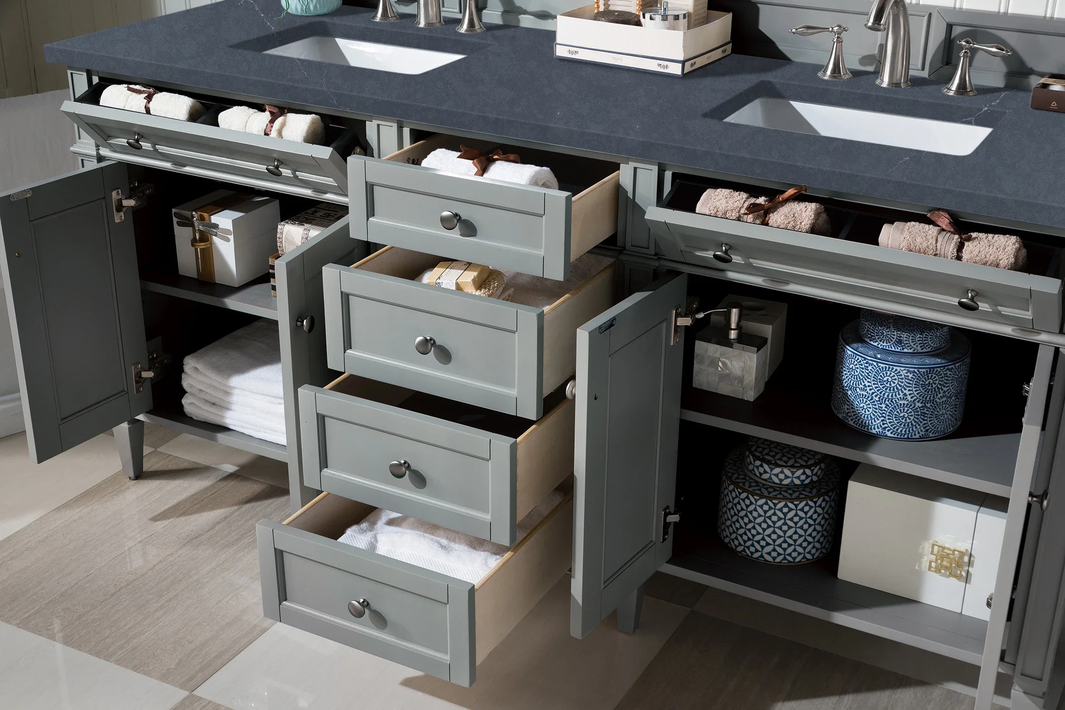 Brittany 72" Double Vanity, Urban Gray w/ 3 CM Charcoal Soapstone Silestone Top